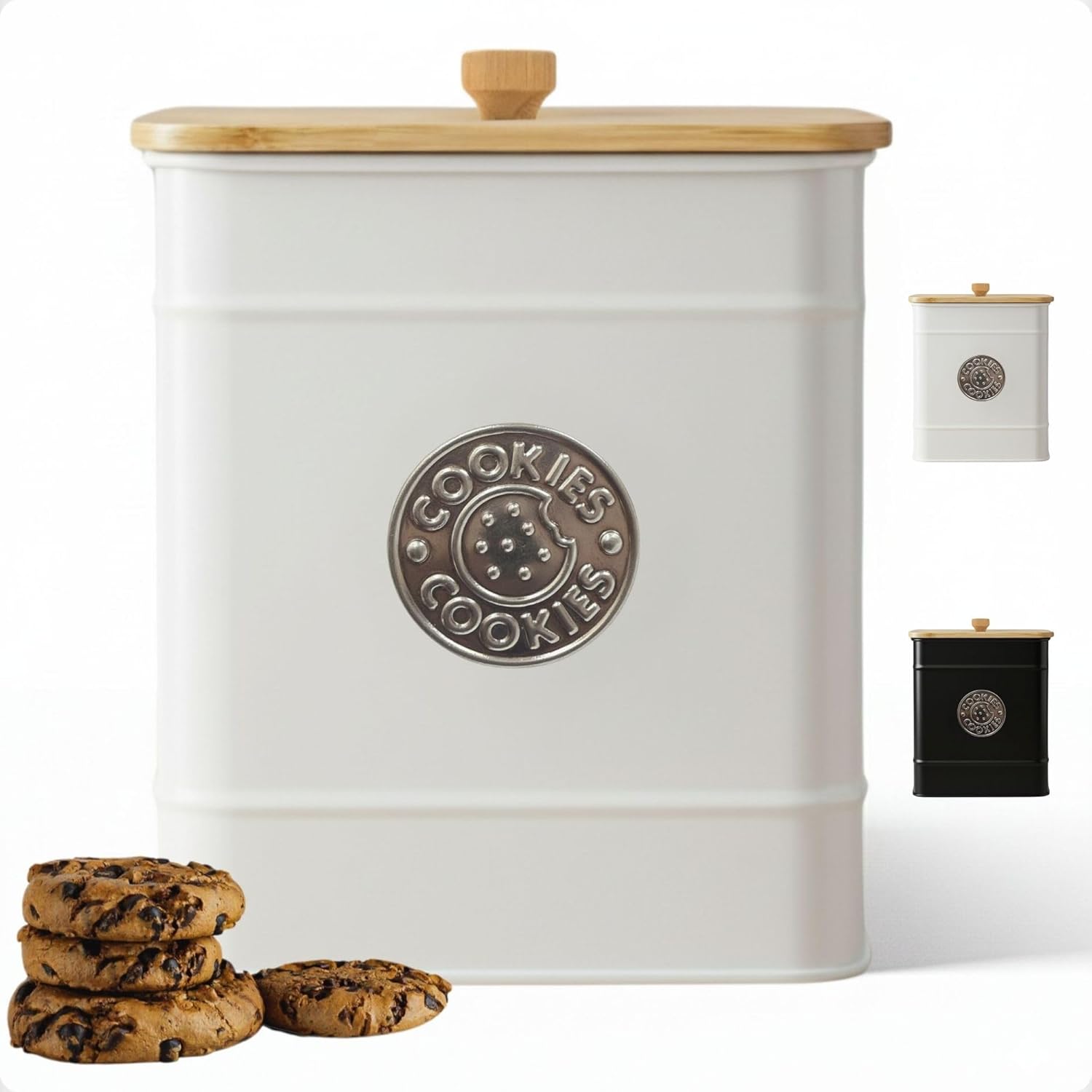 Cookie Jar with Airtight Lid - 1 Gallon - 6"D x 8"H White Iron Cookie Tin with Bamboo Lid - Large Cookie Jars with Lids Airtight - Farmhouse Cookie Jars for Kitchen Counter Decorative - Cookies Jar
