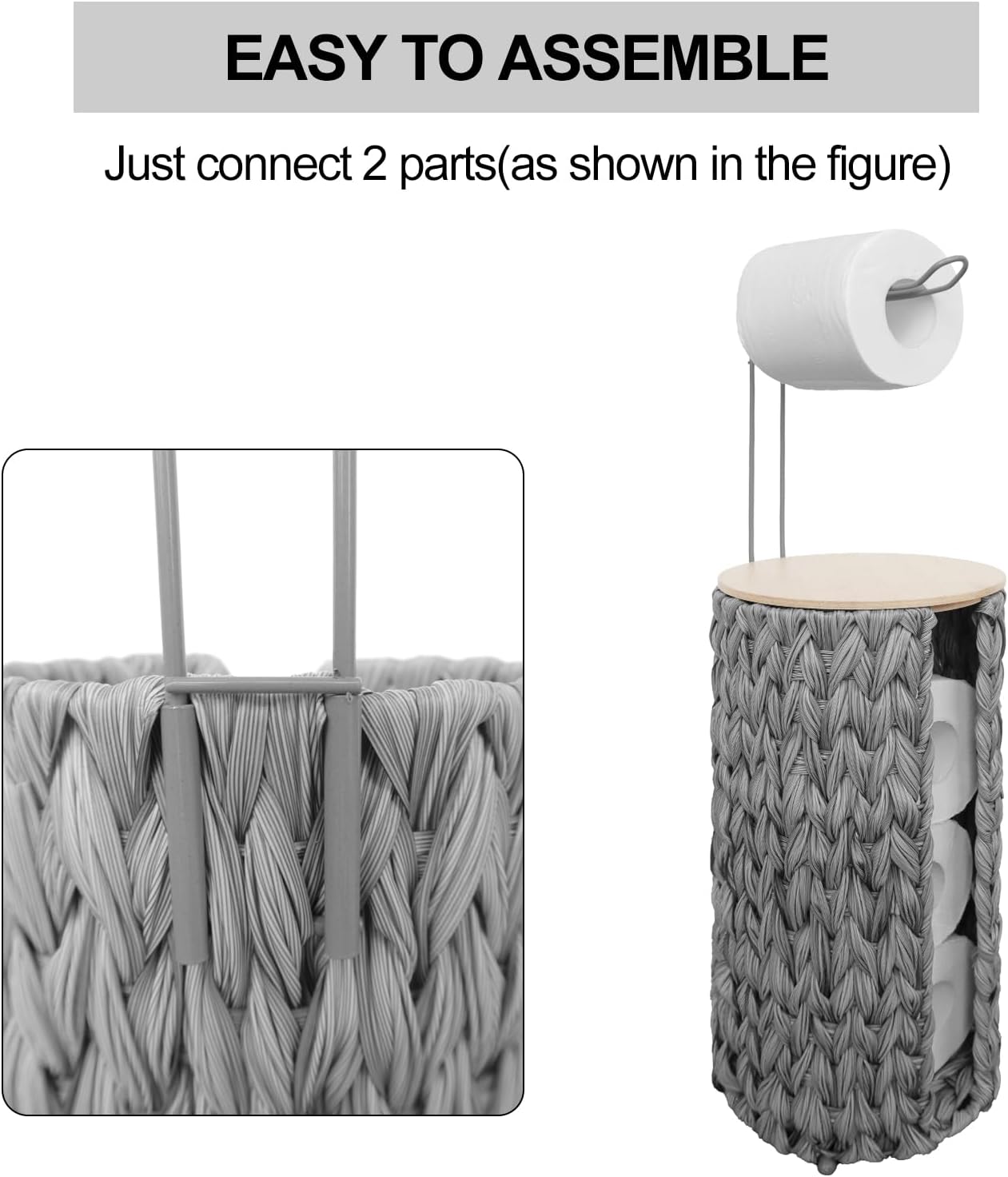 Coeusy Grey Toilet Paper Holder Stand,4 Rolls of Toilet Tissue Storage for Bathroom Floor,Plastic Wicker Woven Toilet Paper Storage with Wooden Lid,Free Standing