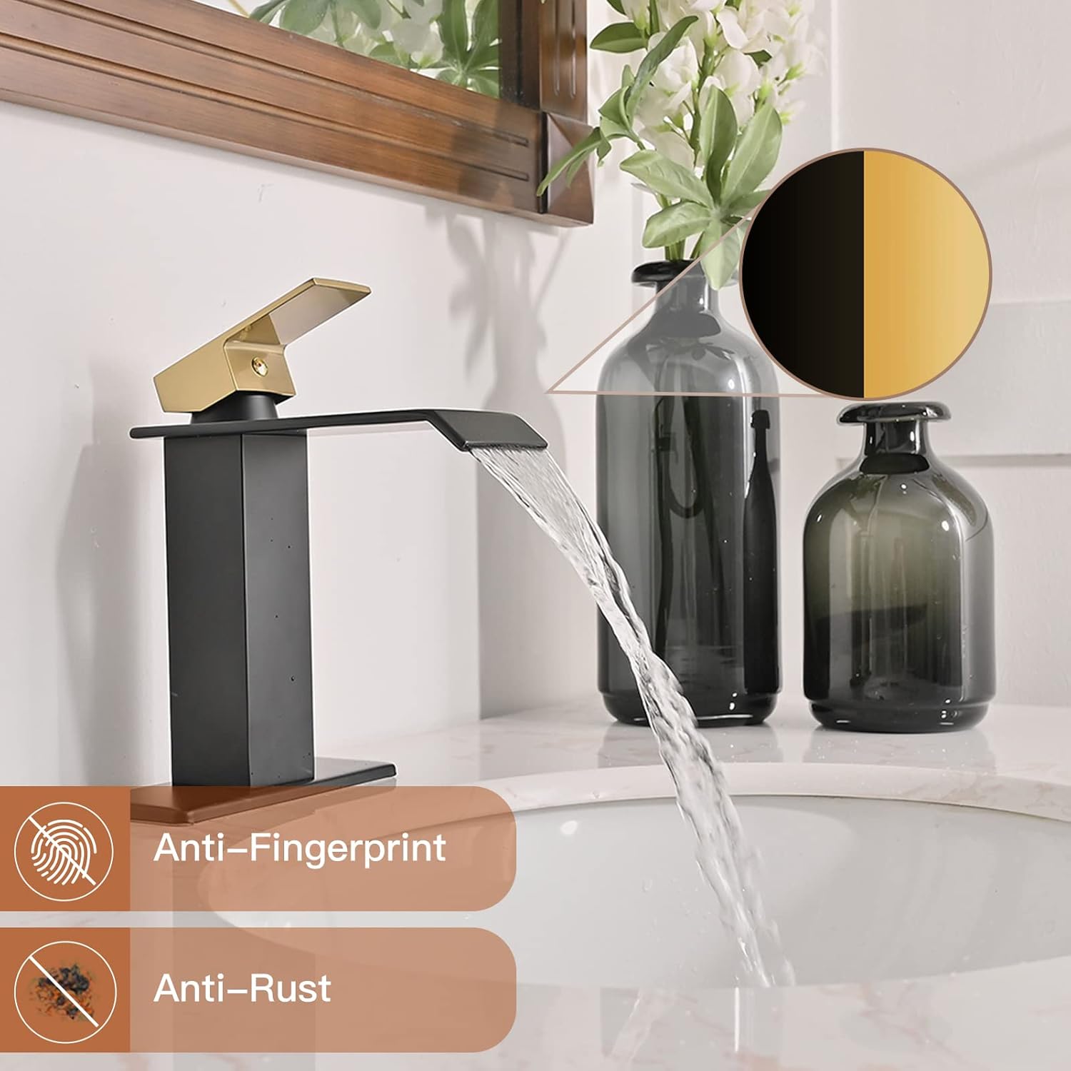 BWE Waterfall Bathroom Faucet Black and Gold Modern Single Handle Bathroom Sink Faucet Vanity Lavatory Washbasin RV Mixer Tap Commercial with Pop Up Drain and Deck Plate for Sink 1 or 3 Hole