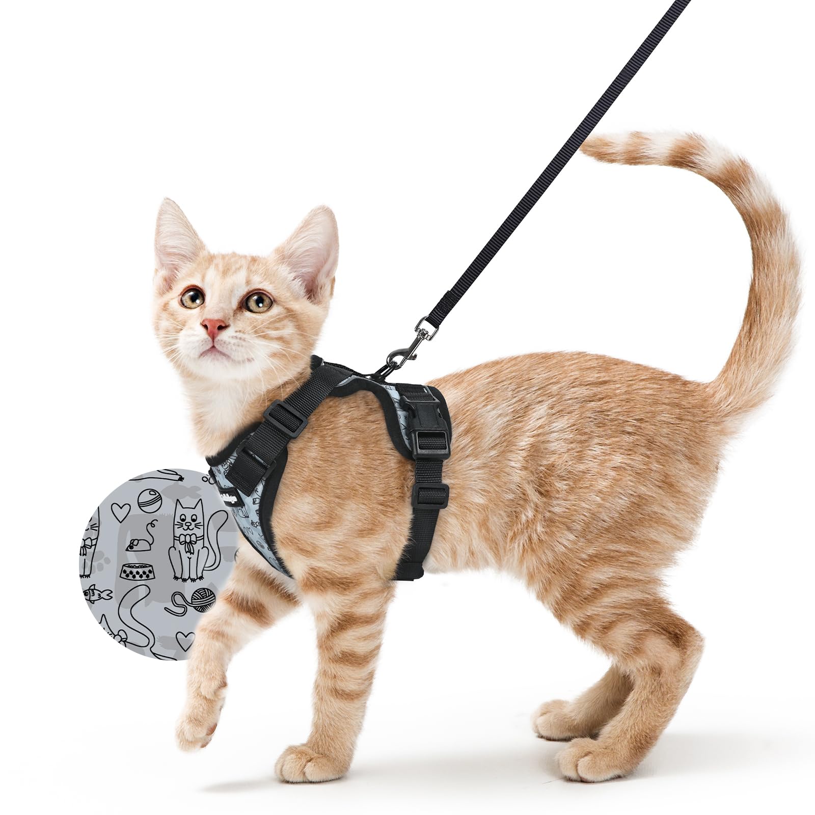 rabbitgoo Cat Harness and Lead Set, Adjustable Escape Proof Cat Lead for Walking, Reflective Kitten Harness Set, Soft and Comfortable for Small Cats, Doodle Gray, S