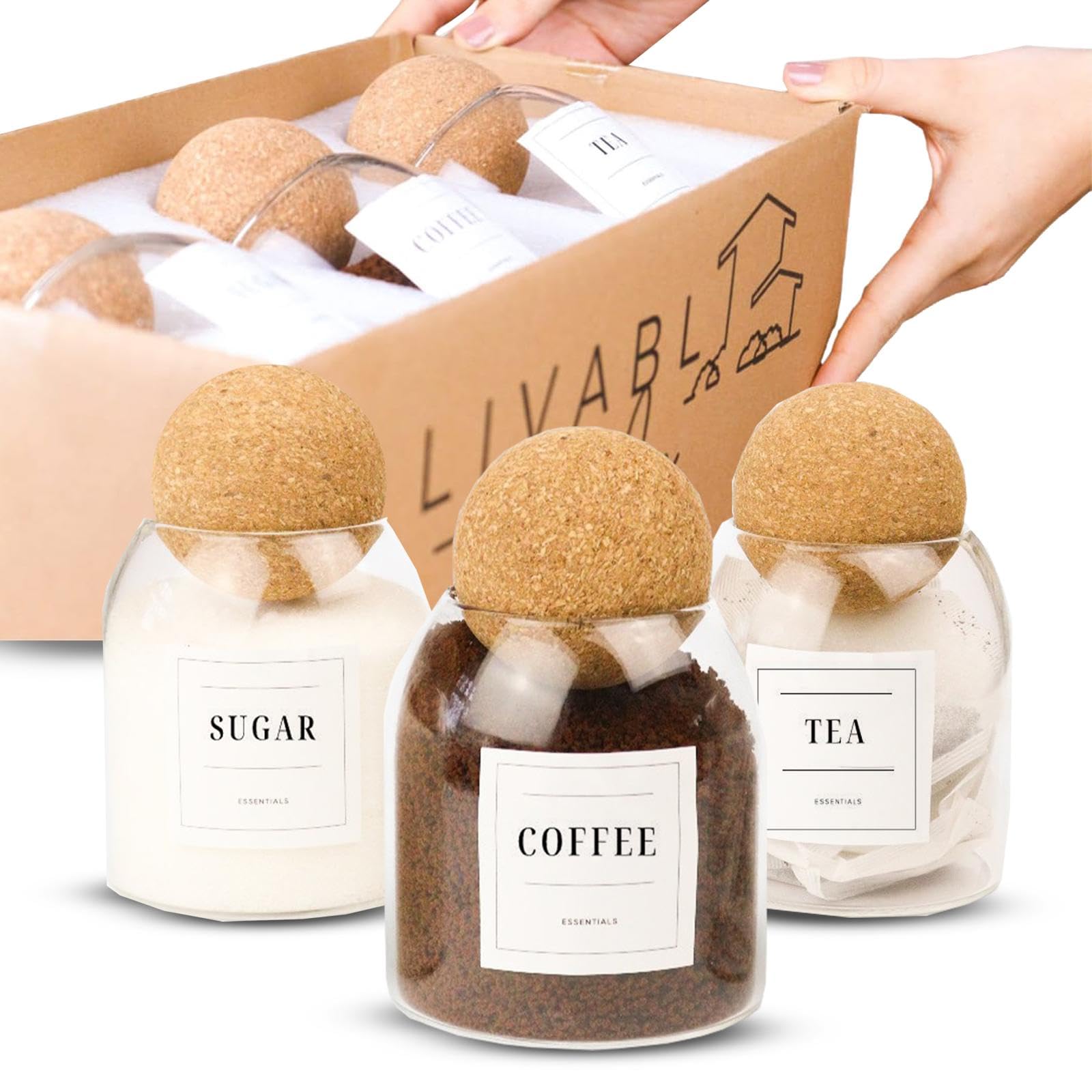Livabl Tea Coffee and Sugar Canisters Set - Set of 3 Unique Cork Ball ...