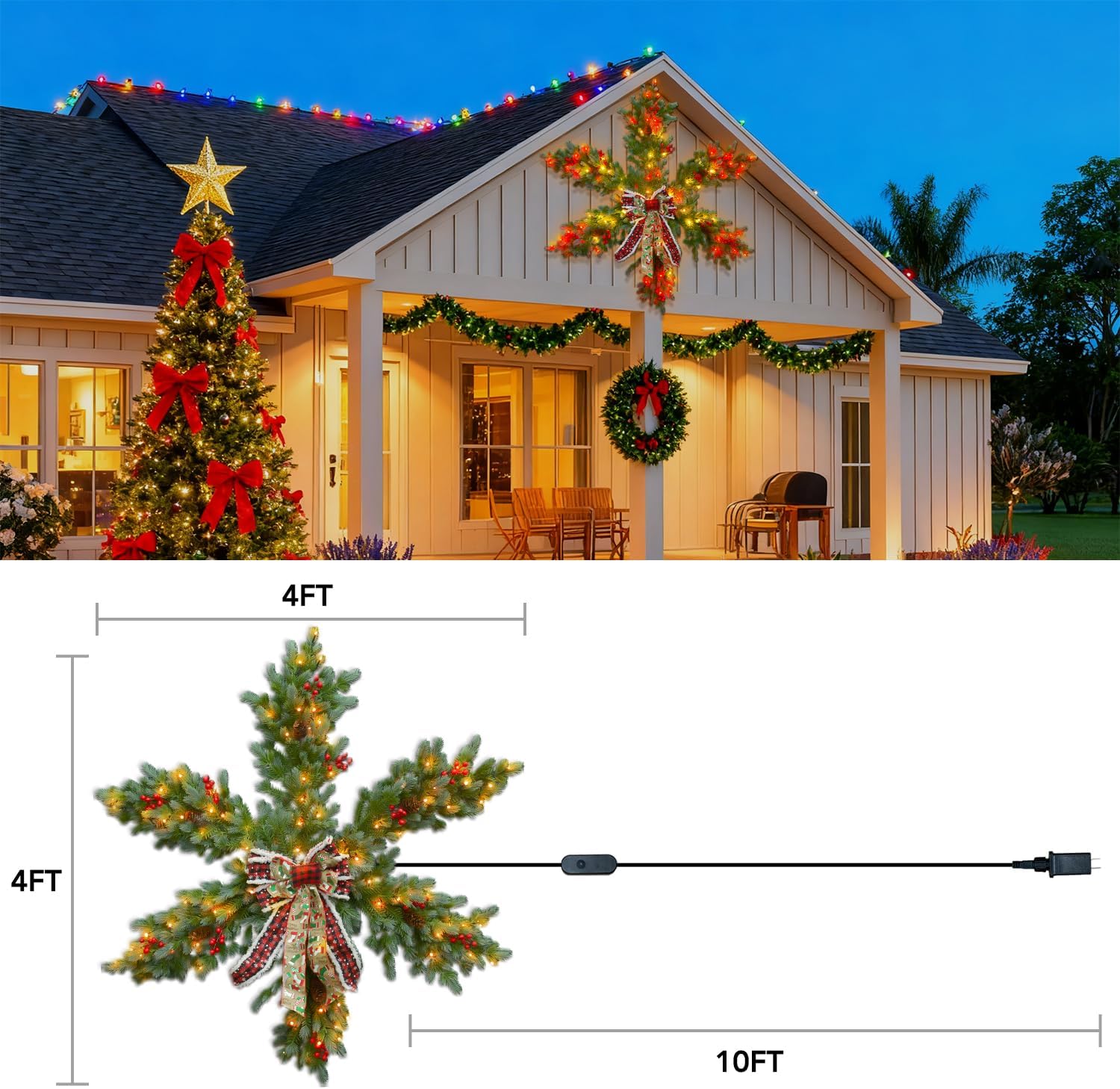 48 Inch Smart Large Christmas Wreath, RGB LED Pre-Lit Artificial Star Wreath App Control DIY Color, Music Sync, Timer, Waterproof Door Wall Mantel Holiday Accent Decorations w/Bow-tie, Power Plug-in