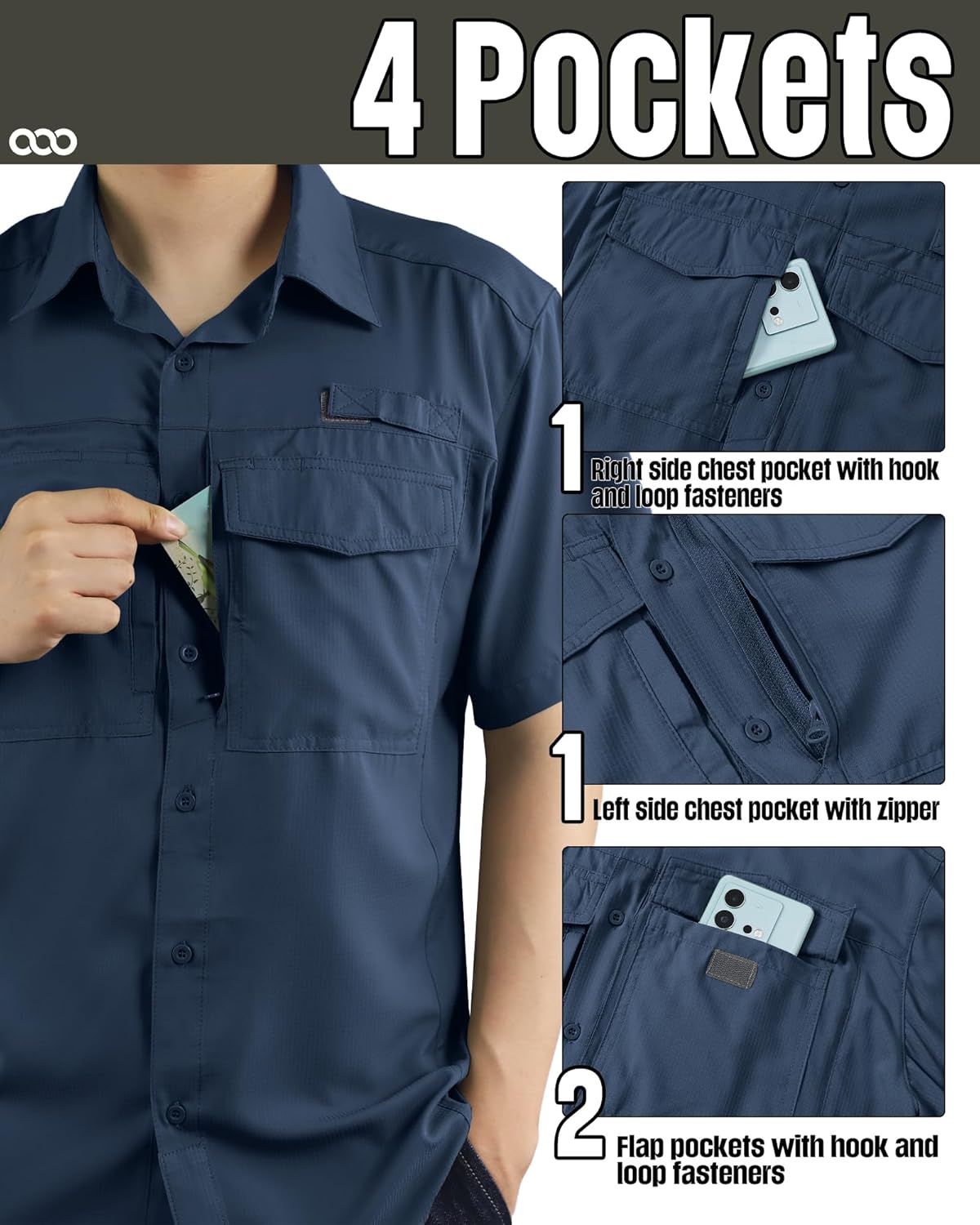 33,000ft Men's Fishing Shirts Lightweight Cool Quick Dry Sun Protection UV Short Sleeve Shirt for Casual Hiking Safari Travel