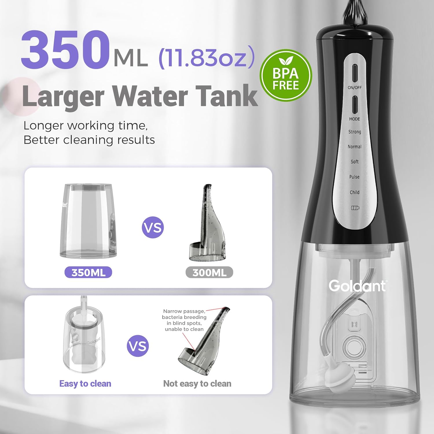 2026 New 350ML Water Dental Flosser Teeth Pick with Bag, 5 Modes Portable Cordless Oral Irrigator Cleaner, Electric Rechargeable IPX7 Waterproof for Home Travel Teeth Cleaning Flossing (Black) - Image 2