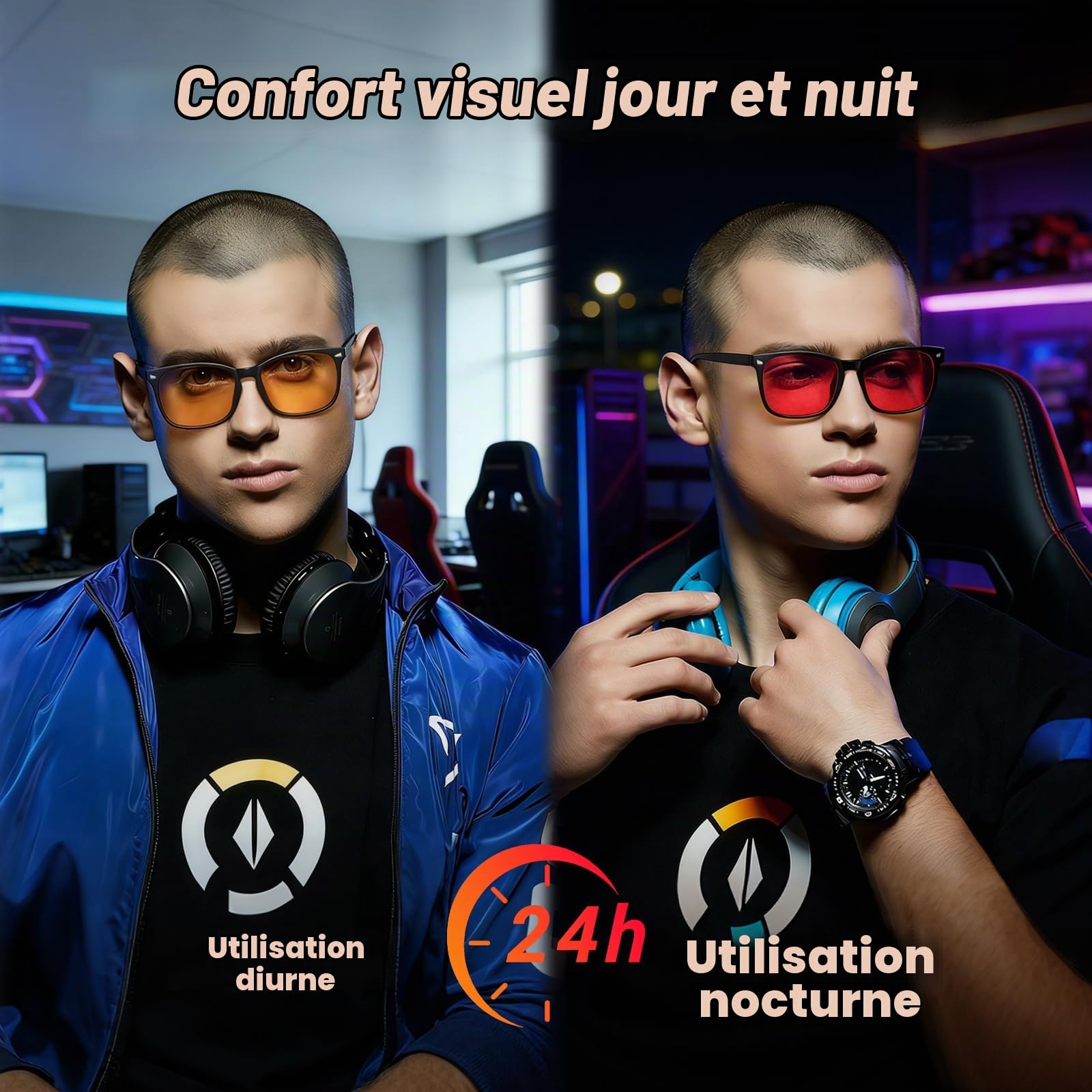 Okany Lunettes Anti Lumière Bleue – Ambre Jour & Rouge Nuit, Double Lentille, Bloque 99% Lumière Bleue, Confort Visuel & Réduit Fatigue Oculaire, PC & Smartphone Homme & Femme