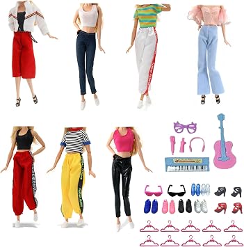 Doll Clothes and Accessories Compatible with Barbie Dolls, Including Fashion 6 Top 6 Pants 10 Hangers 6 Pair of Casual Shoes 6 Music Accessories 1 Cool Glass in Random for 11.5 inch Dolls
