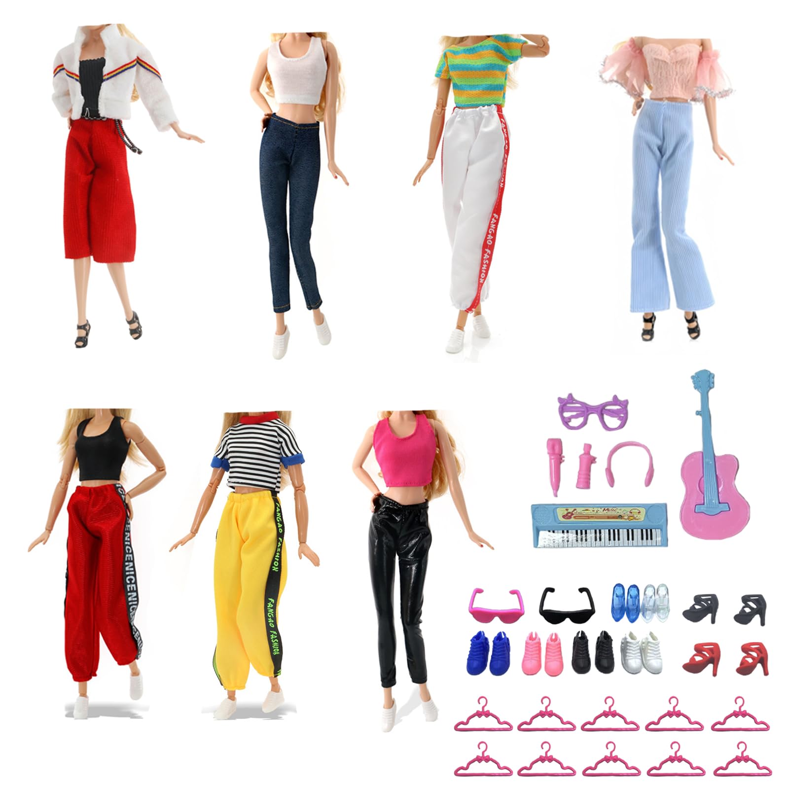 Odzież dla lalek Barbie, w tym moda 6 topów 6 spodni 10 wieszaków na ubrania 6 par butów rekreacyjnych 6 akcesoriów muzycznych 1 zimne szkło w losowej kolejności dla lalek 30 cm