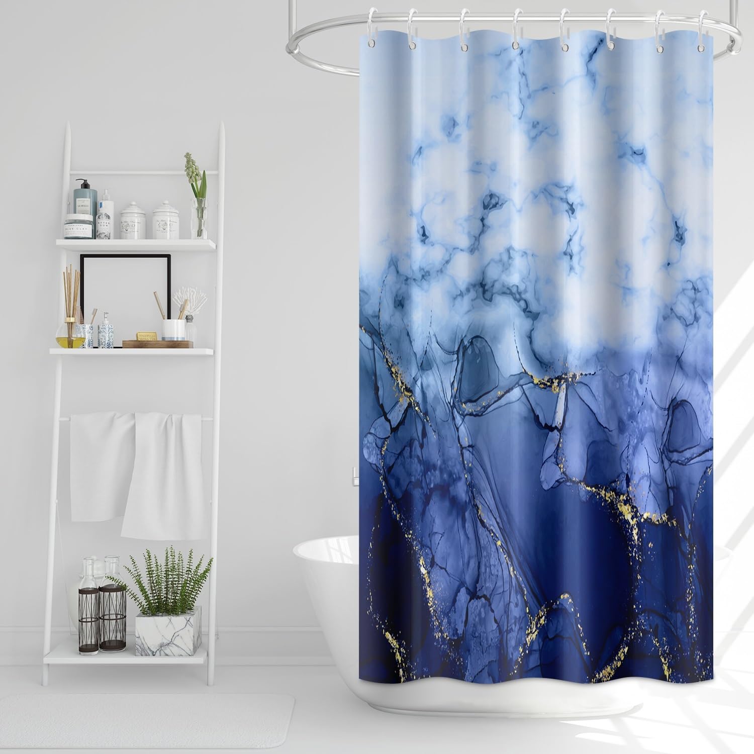 Rideau de douche bleu marine en tissu imperméable marbre 121x183