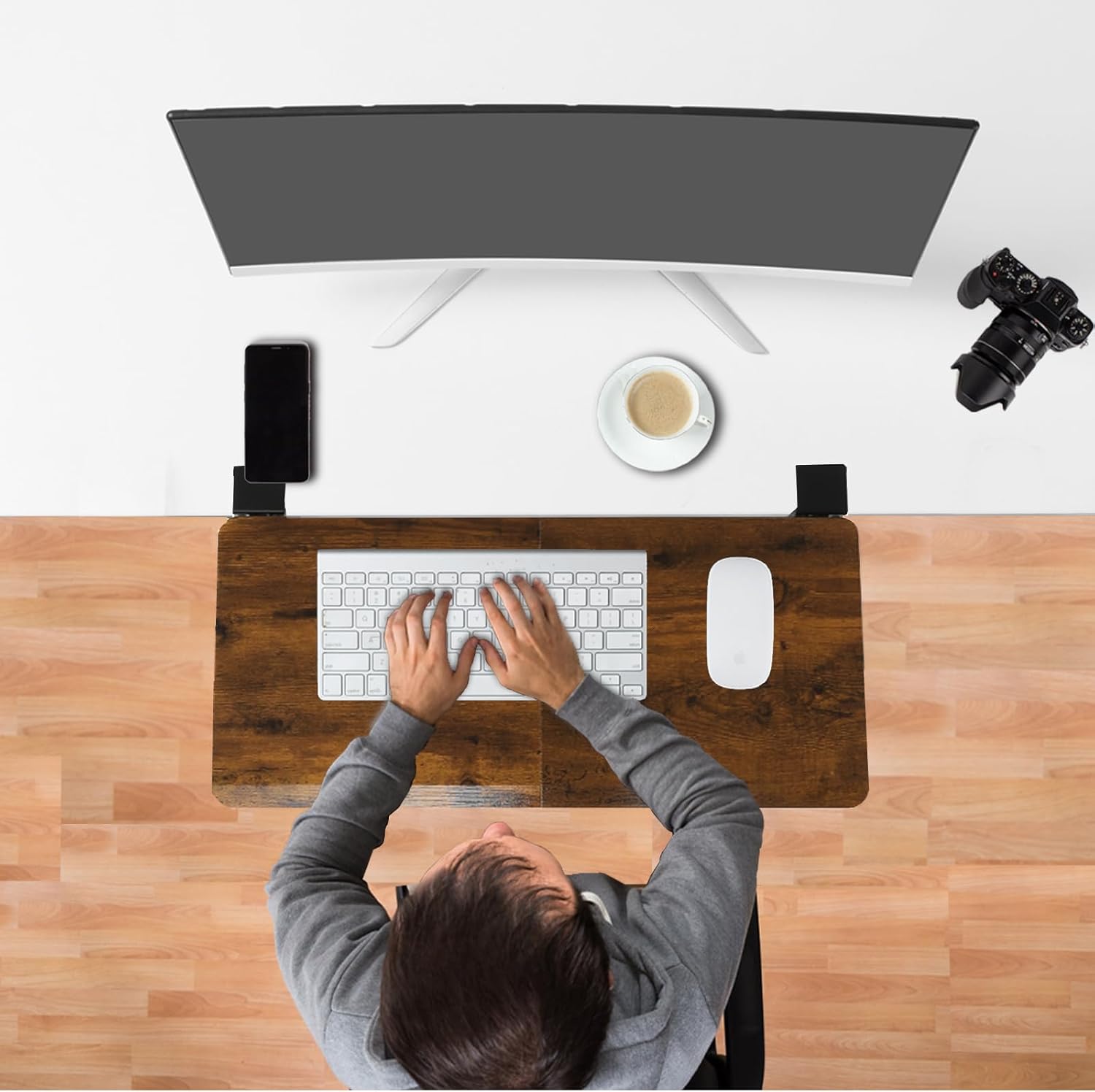 ETHU Ergonomics Desk Extender Tray, 25.6"x11.4" Large Size Foldable Keyboard Extender Tray Clamp On, Armrest Support for Home and Office (Wood)