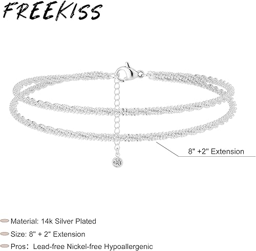 Miniatura 7 de Freekiss - Tobilleras de plata de ley para mujer impermeables con capas delicadas, ajustables, apilables con cadenas Figaro, cuentas y eslabones