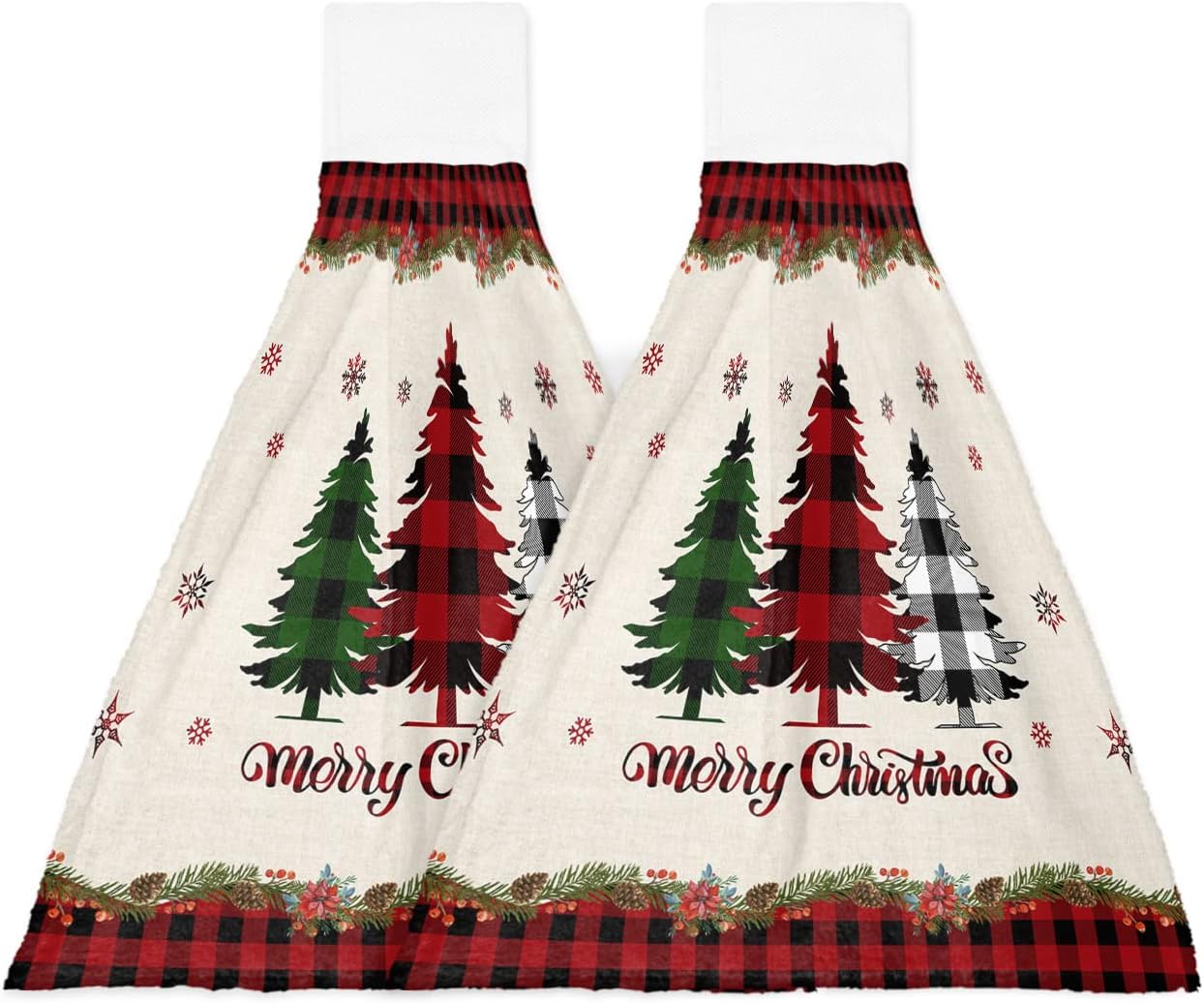 Hanging Hand Towels 2 Pieces, Merry Christmas Buffalo Check Plaid Tree Absorbent Soft Hanging Towels with Tie Loop for Kitchen, Bathroom, Laundry Room, 18 x 14 Inches