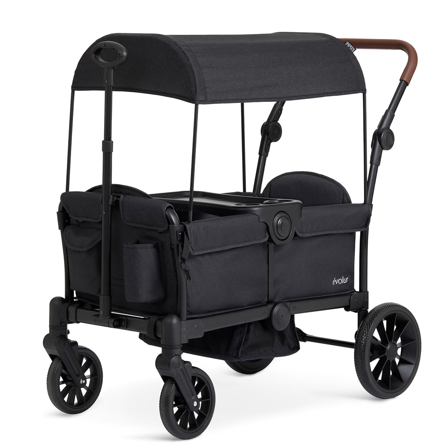 Evolur Trailblazer Wagon Double Stroller in Black, Foldable Infant and Toddler Stroller Wagon, 5-Point Harness, Removable Canopy, All-Terrain Wheels, Spacious Storage for 2 Kids
