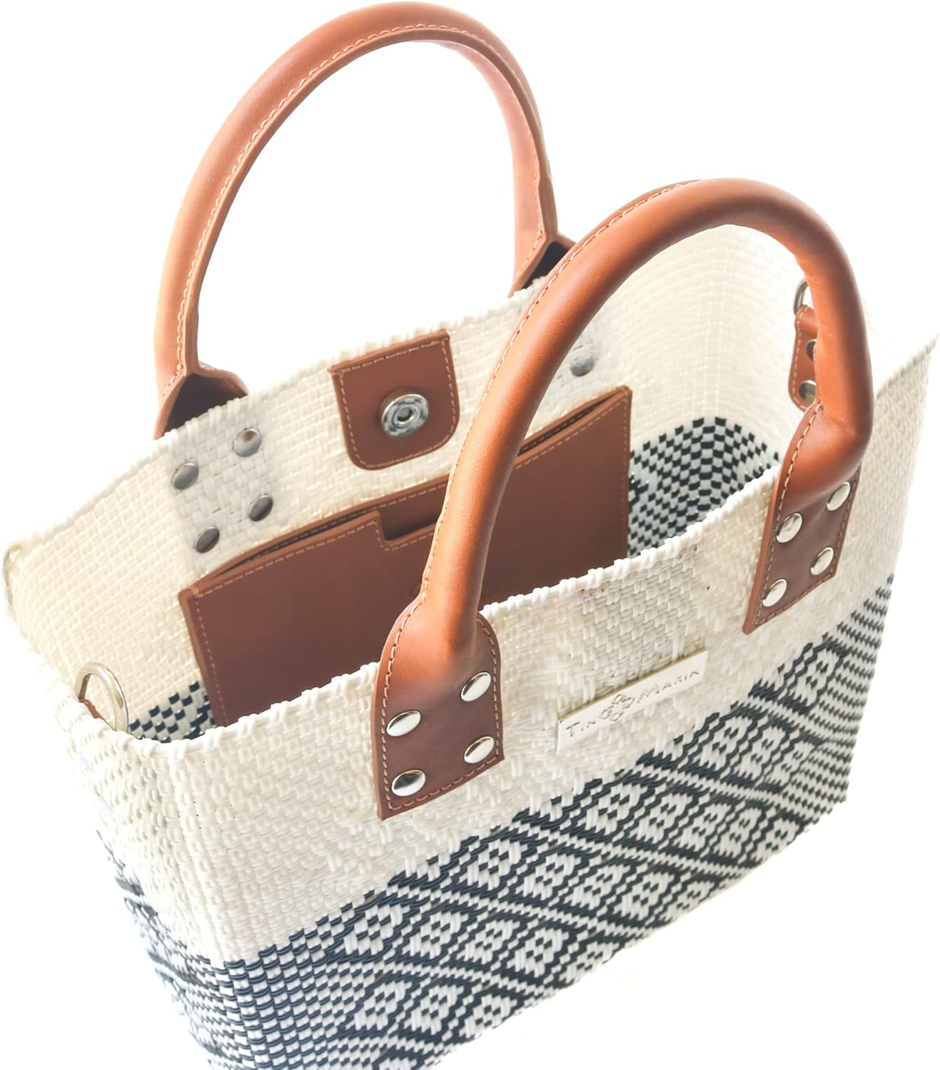 Tin Marin White Large Woven Crossbody Bag - Tan Leather Handles & Crossbody Strap, Handwoven Recycled Plastic Purse, Oaxaca Mexican Woven Tote, Summer Bag, Work Bag, Everyday Purse
