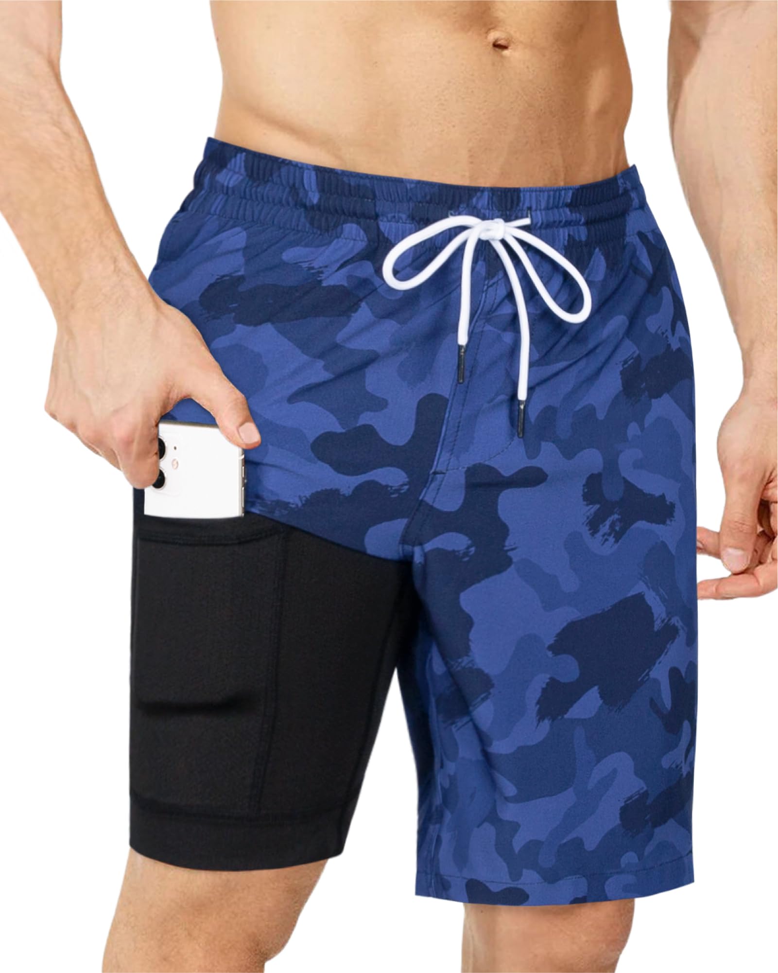 Mens Swim Trunks with Compression Liner Swimming Shorts 2 in 1 Stretch Quick Dry Zipper Pockets