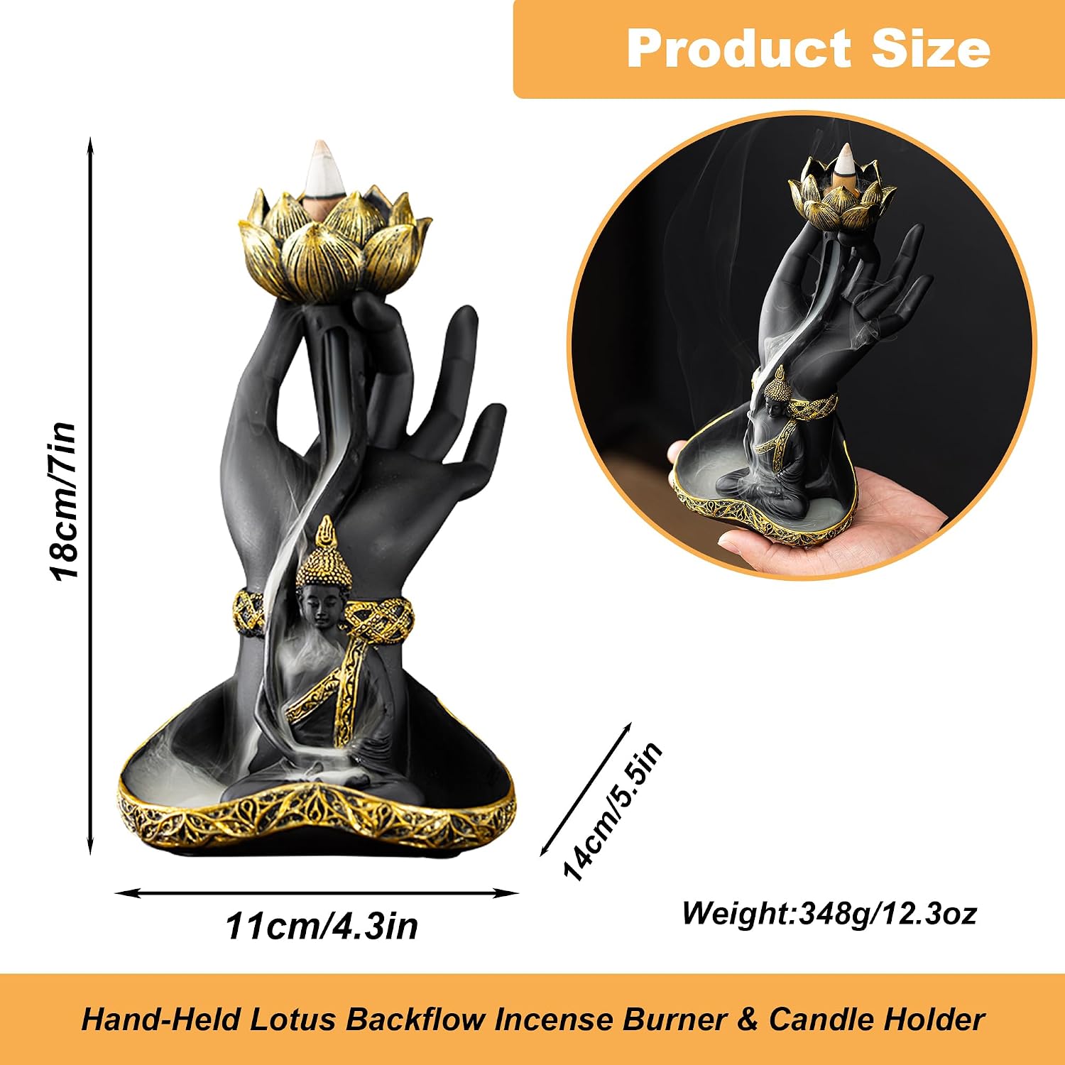 Hand-Held Lotus Backflow Incense Burner & Candle Holder, 7" Tall | Zen Waterfall Incense Fountain, With Buddha Statue, Resin, For Home Decor, Meditation & Yoga Relaxation