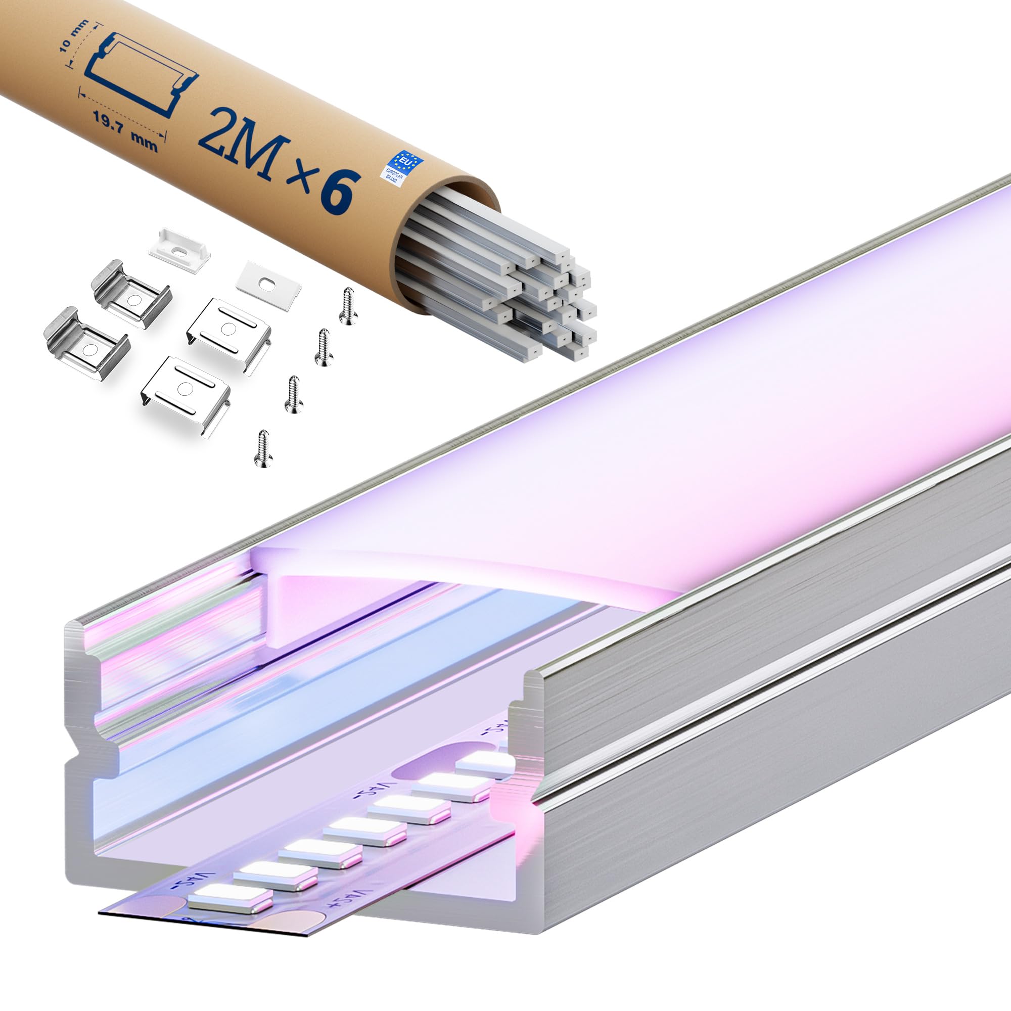 Profil aluminiowy LED pasuje do taśm LED, 2 m x 6 sztuk (12 m), wymiary 17,4 mm x 7 mm, do taśm o szerokości mniejszej niż 12,4 mm, z akcesoriami montażowymi.