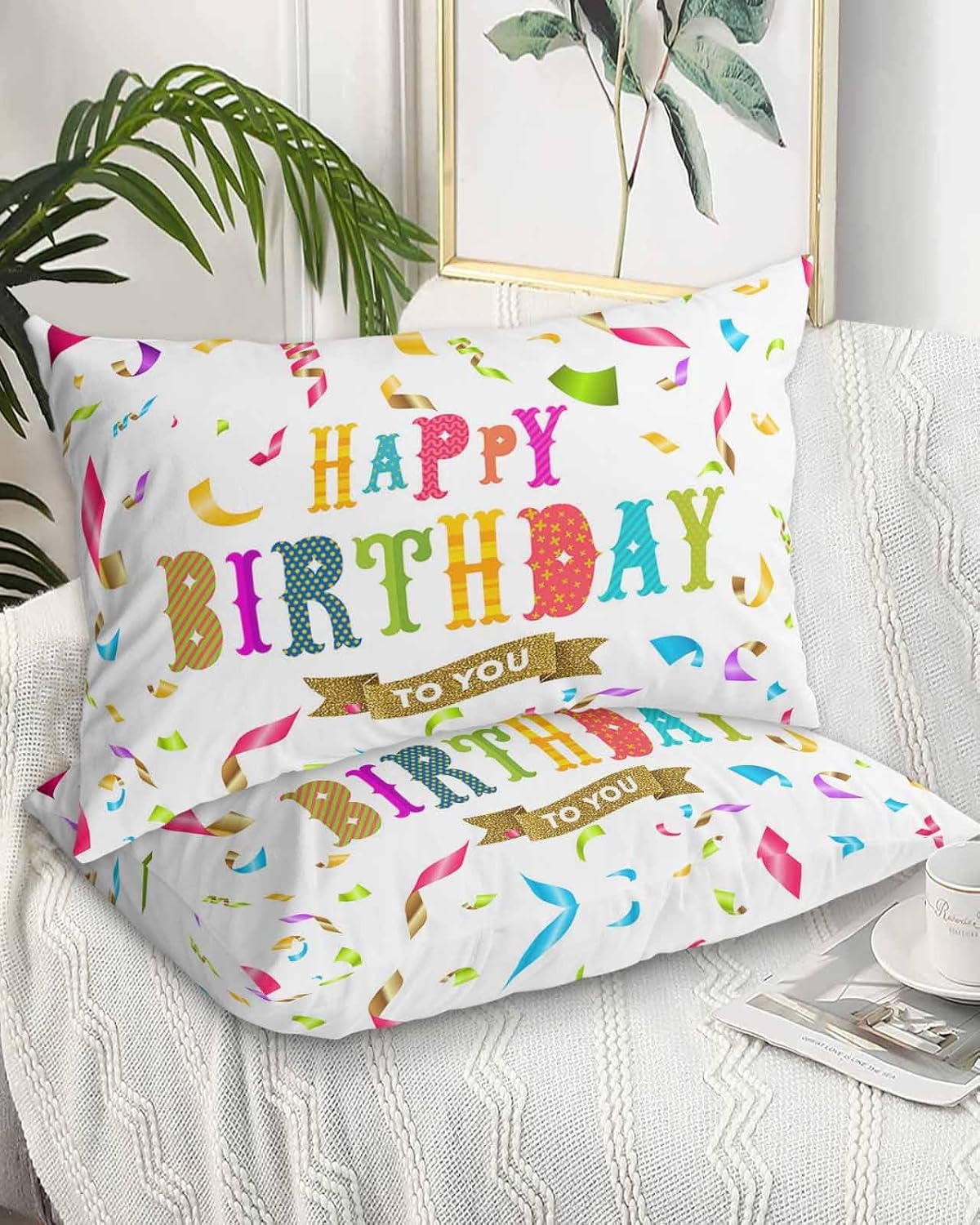 Happy Birthday to You Pillow Cases Standard Size Set of 2 - Microfiber Bed Throw Pillow Covers, Colorful Geometric Decorative Lumbar Pillow Cover with Envelope Closure for Sofa/Travel