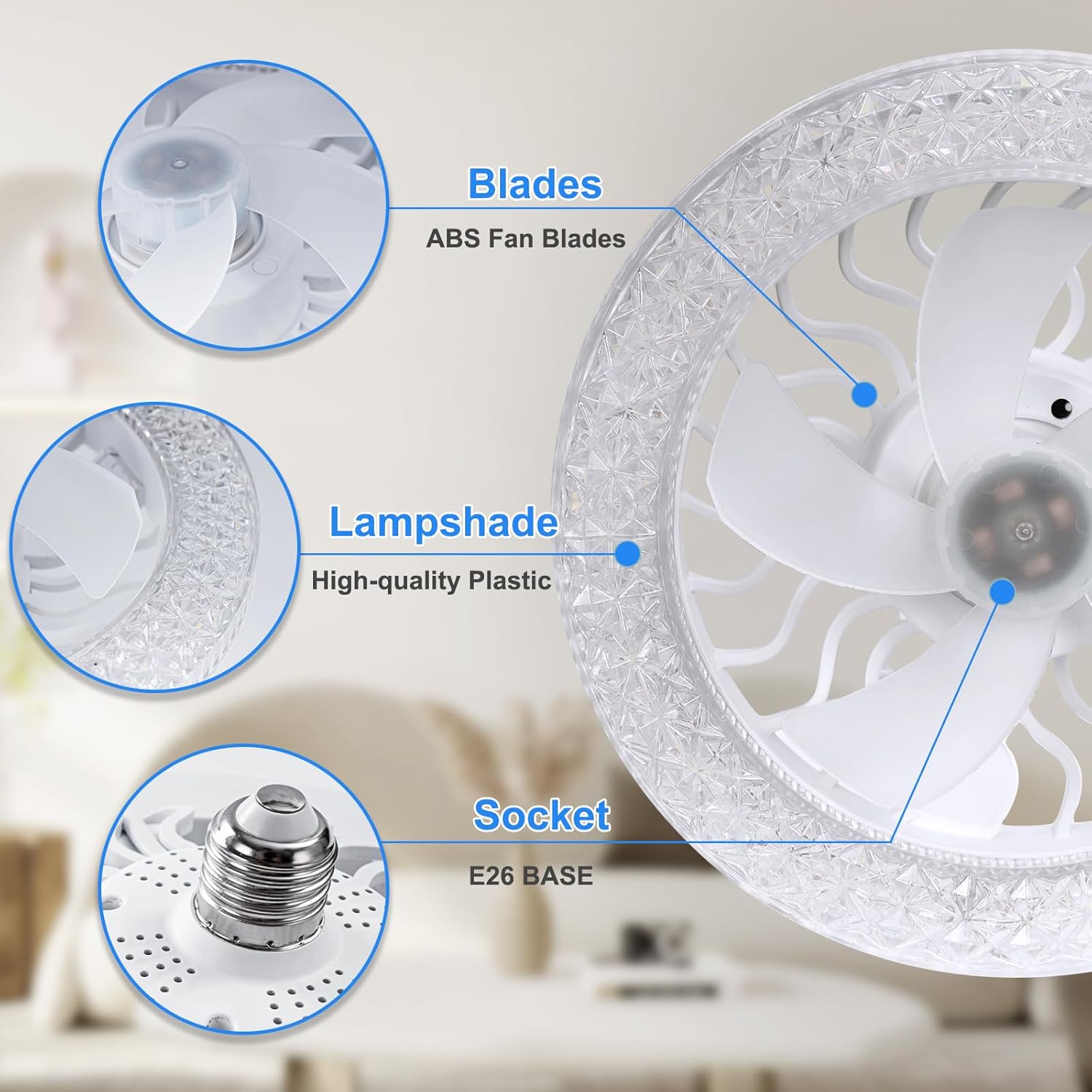 Three images showing the DINGLILIGHTING fan light emitting Warm White (3000K), Natural Light (4000K), and Cool White (6500K) in a bedroom setting, with a dimming bar from 10% to 100% below.