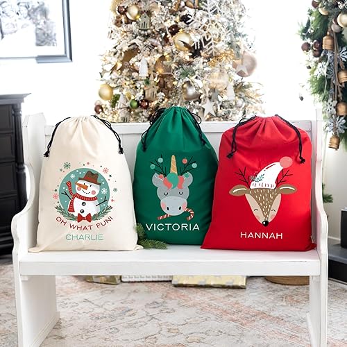 Miniatura 8 de Qualtry Bolsa de Navidad personalizada de Papá Noel para regalos infantiles (diseño de muñeco de nieve), saco gigante de algodón con cordón, bolsa