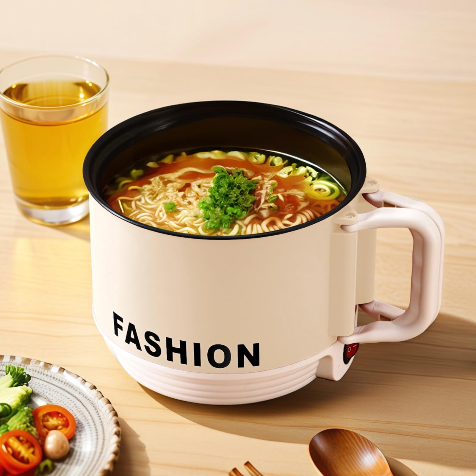 Ramen-Topf, Mini Elektro-Hot Pot für das Wohnheim, Ein-Personen-Dampfgarer, Topf mit Antihaft-Beschichtung, klappbarem Griff und Temperaturregelung, ideal für Instant-Nudeln, Hot Pot und Dämpfen