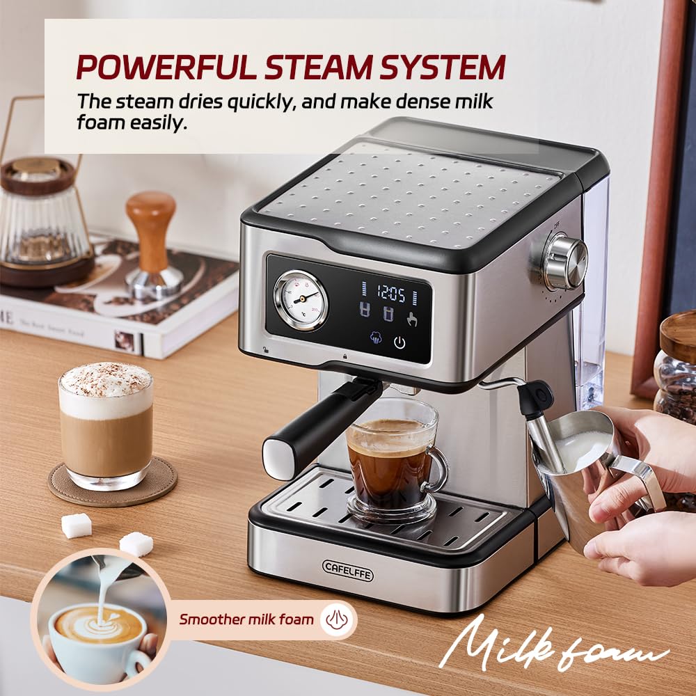 Ekspres do kawy Cafelffe MK-901 z spieniaczem do mleka – 950 W / 1,5 l, pompa 20 barów, inteligentny ekran dotykowy, obudowa ze stali nierdzewnej, mocna para do latte/cappuccino