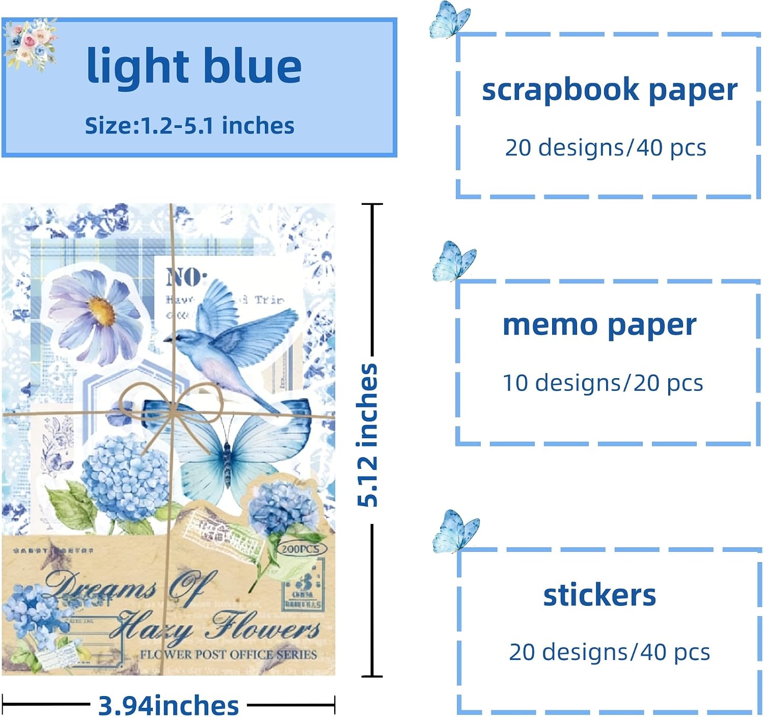 100Pcs Light Blue Vintage Scrapbook Paper & Journaling Stickers Set, Mix Sizes Antiqu Printed Craft Paper, Retro Floral Design Junk Journal Supplies for DIY Card Making, Journaling, Photo Album