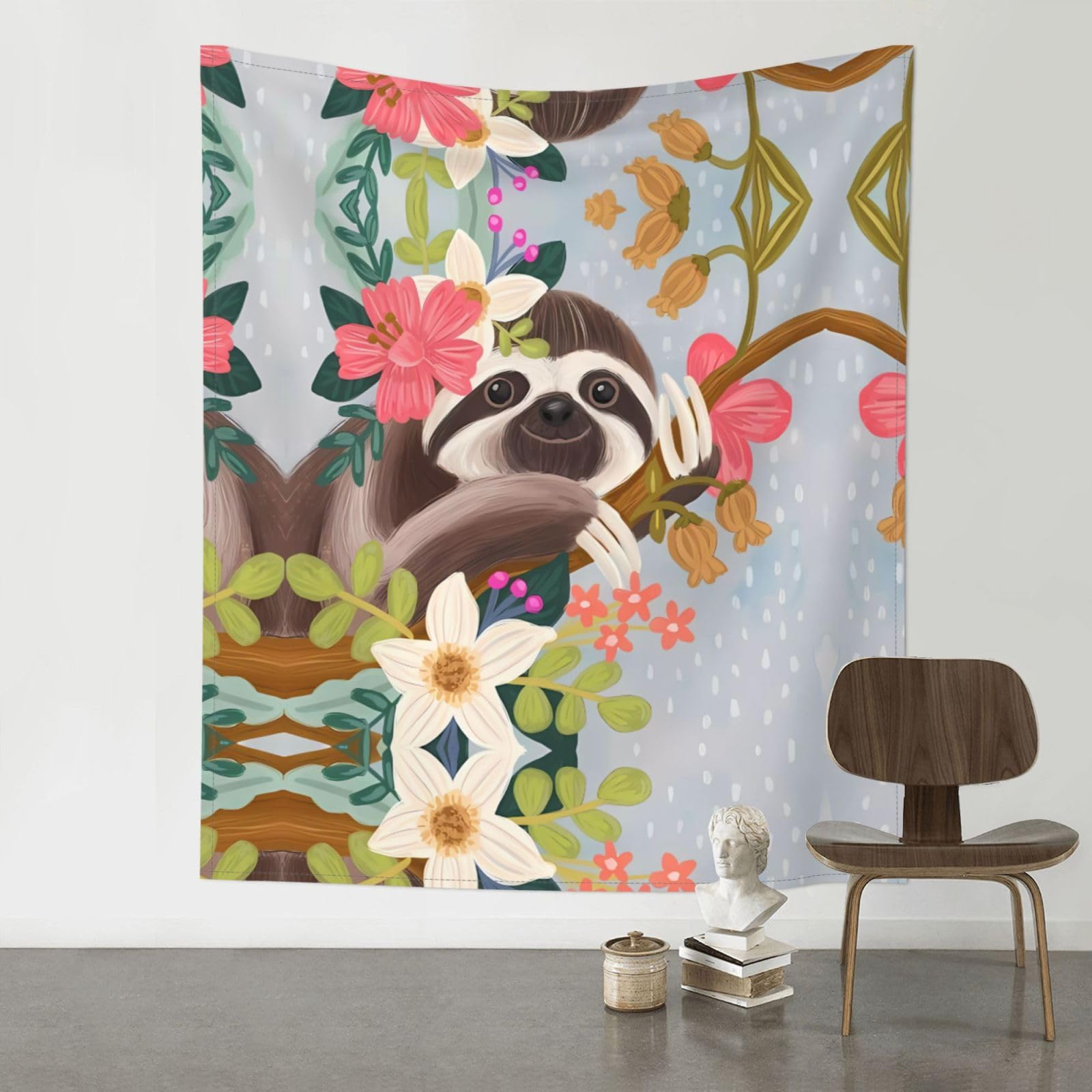 HJFCZH Sloth with Flowers Prints Wall Tapestry 60x51in – Boho Decor Throw for Bedroom, Dorm, Beach Cover & Picnic Blanket