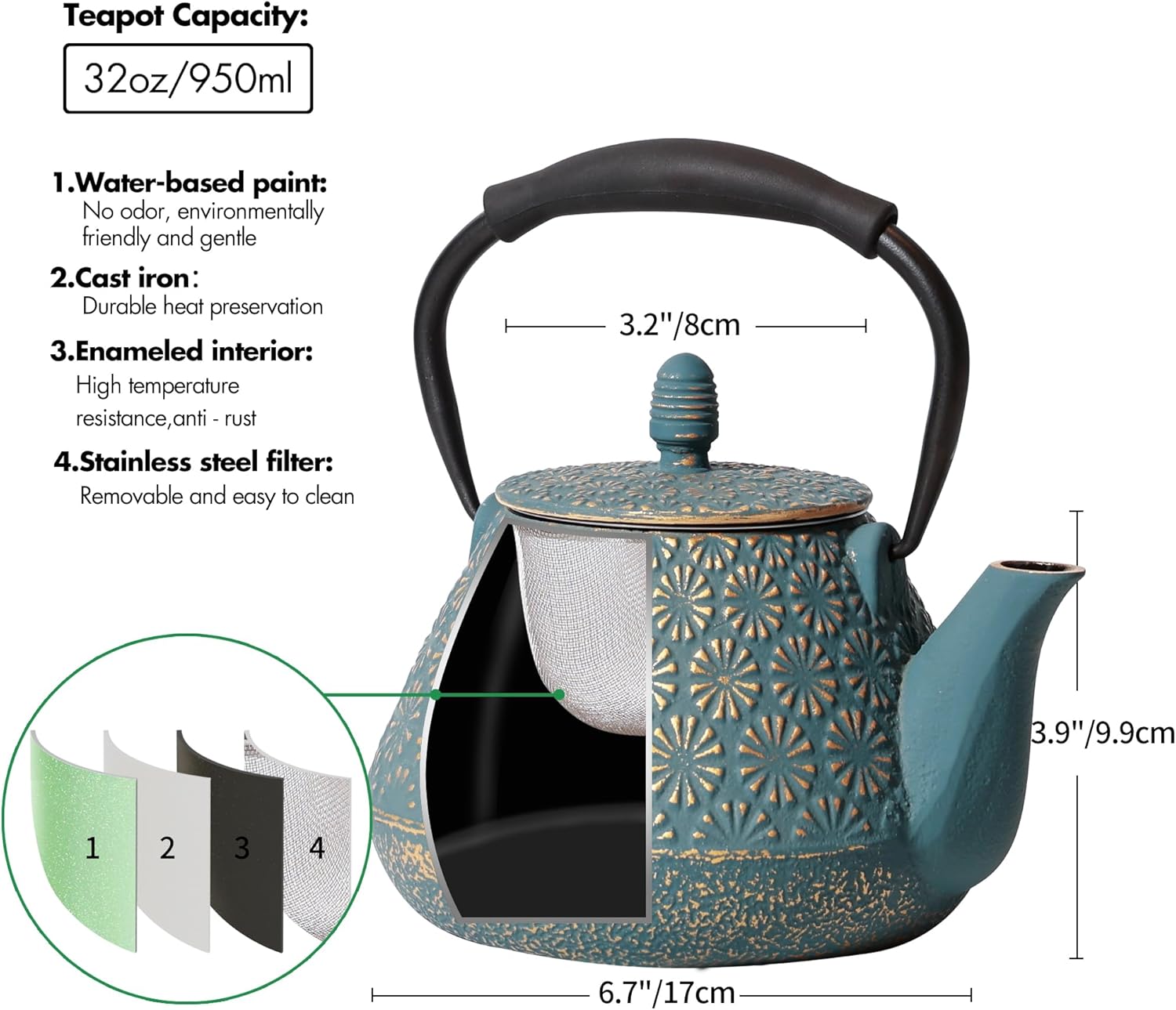Cast Iron Teapot, 32oz Japanese Sakura Blossom Pattern Tea Kettle, Stovetop Safe, Infuser for Loose Leaf & Coffee, Silicone Handle, Enamel Interior, 950ml Blue