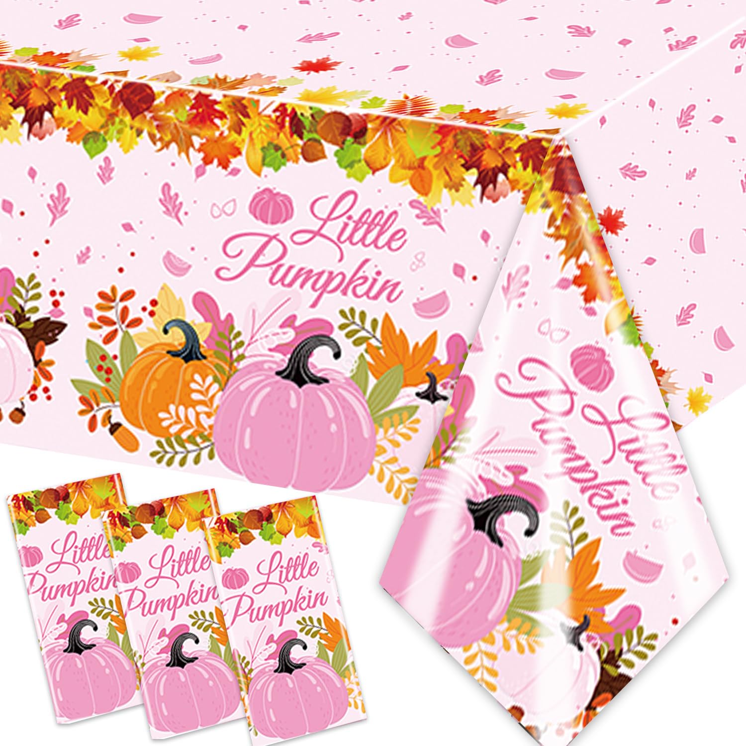 Pink Little Pumpkin Baby Shower Decorations Tablecloth Little Pumpkin Baby Shower Girl Pink Pumpkin Maple Leaf Table Cover Plastic Disposable for Autumn Thanksgiving Baby Shower Party Decoration