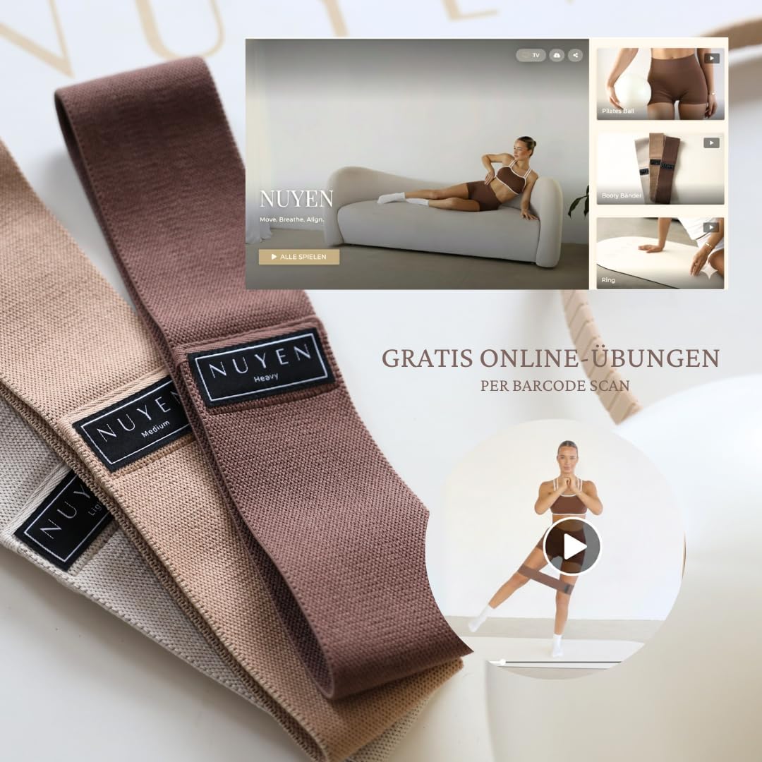 Premium Pilates Set 3-teilig: Ring, Ball & Booty Bänder – Nude/Braun – Home Studio Workout Zubehör mit QR Code Online Übungen