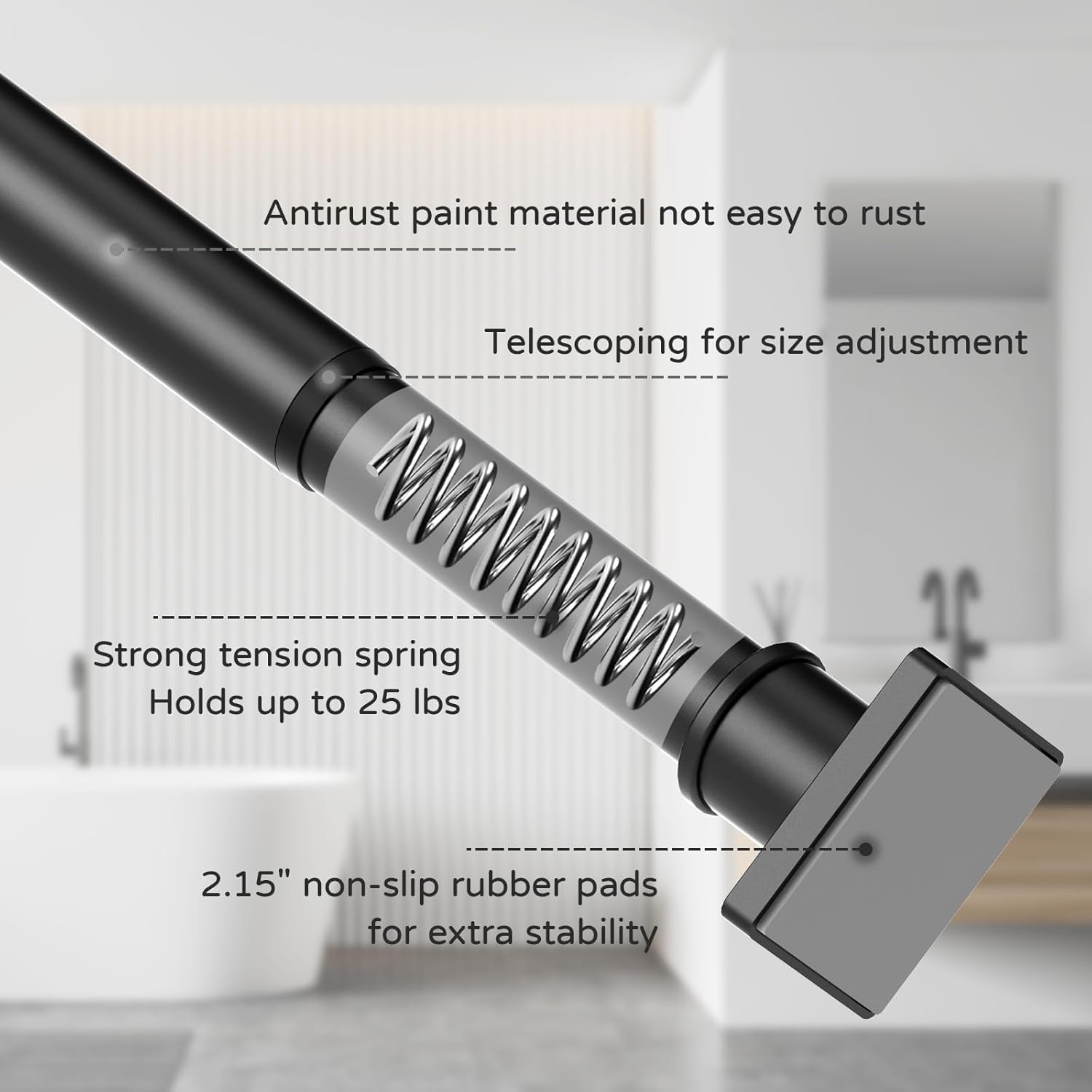 Shower Curtain Rod Adjustable 31-79, Anti-Rust Shower Rod & Spring Tension Shower Rod No Drill, Black Shower Curtain Rod for Bathroom Tension Rod