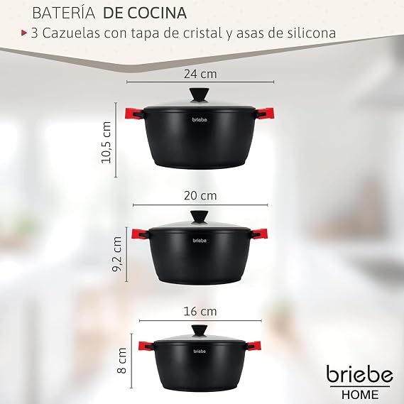 briebe Black Titanium Induction Cookware Set of 6 Non-Stick Titanium, Set of 3 Cast Aluminium Pots without PFOA, Set of Pots and Lids Glass, Removable Silicone Handles, Glass-Ceramic, Gas, Oven