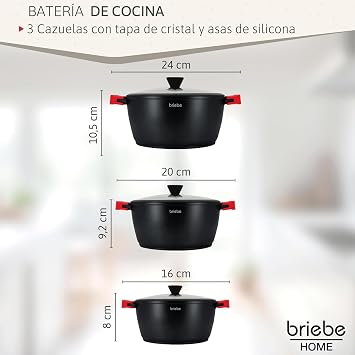 briebe Black Titanium Induction Cookware Set of 6 Non-Stick Titanium, Set of 3 Cast Aluminium Pots without PFOA, Set of Pots and Lids Glass, Removable Silicone Handles, Glass-Ceramic, Gas, Oven