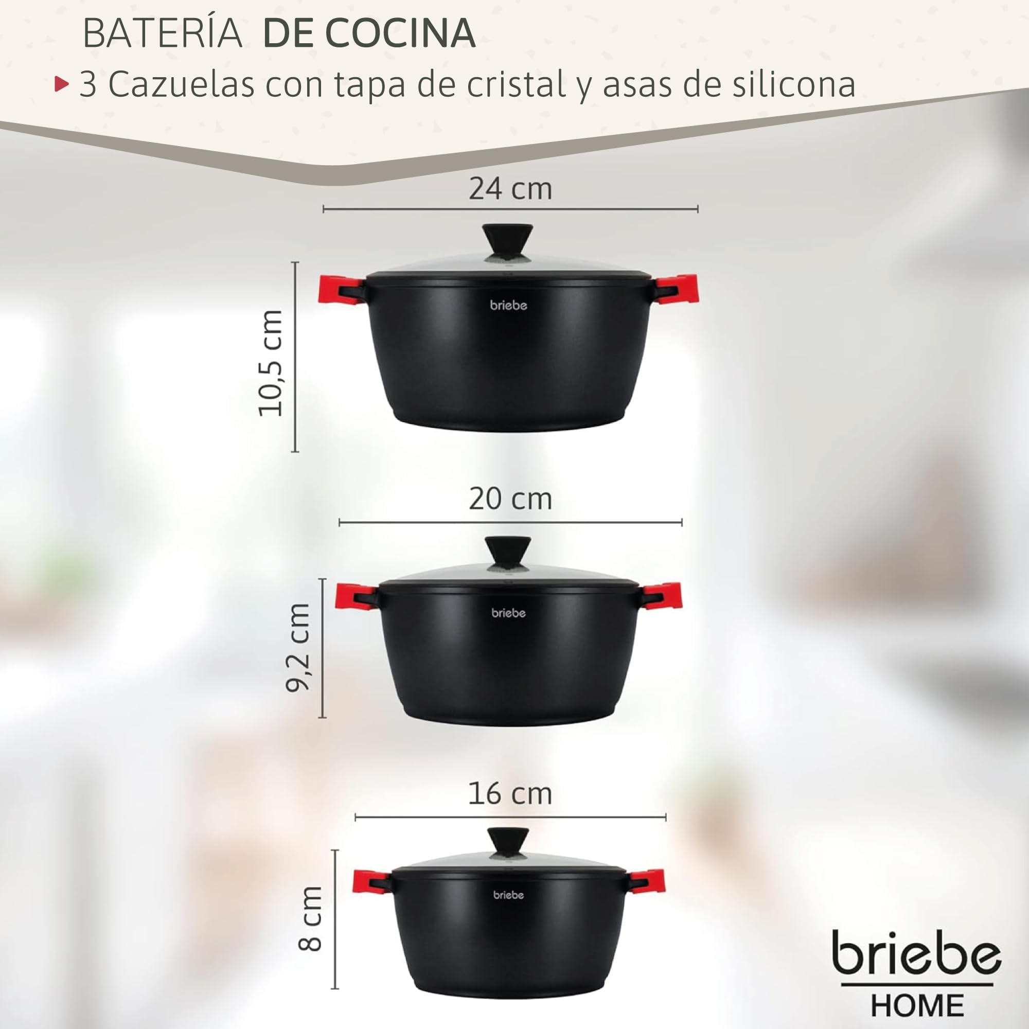 briebe Black Titanium Batería Cocina Inducción 6 Piezas Antiadherente Titanio, Juego 3 Ollas Aluminio Fundido sin PFOA, Set Cazuelas Tapas Cristal, Asas Silicona Extraíbles, Vitrocerámica, Gas, Horno