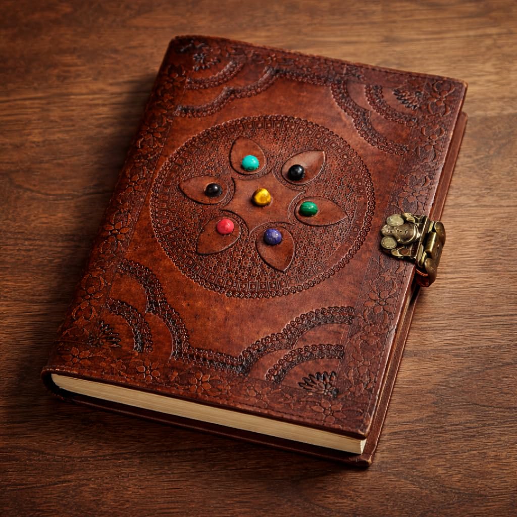 Carnet de croquis en cuir fait à la main avec 7 pierres précieuses chakra, grand carnet de dessin marron en relief, motif floral vintage, fermeture à fermoir en laiton, 200 pages vierges