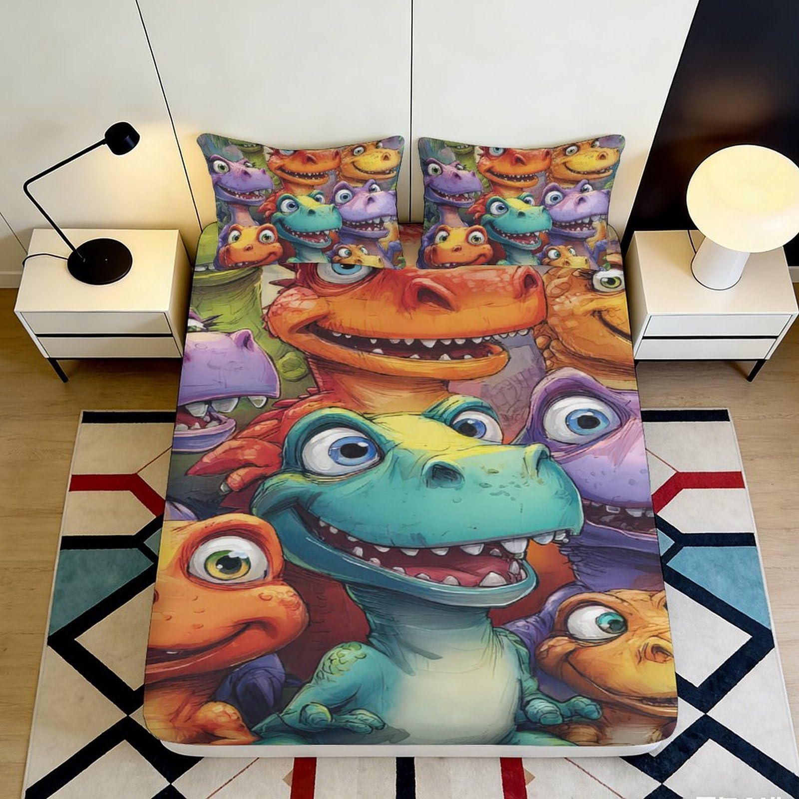 3D Printed Cartoon Dinosaur Fitted Sheet Microfiber Colourful Animal Mattress Cover for Bedroom Dorm Decor 90x200x25cm