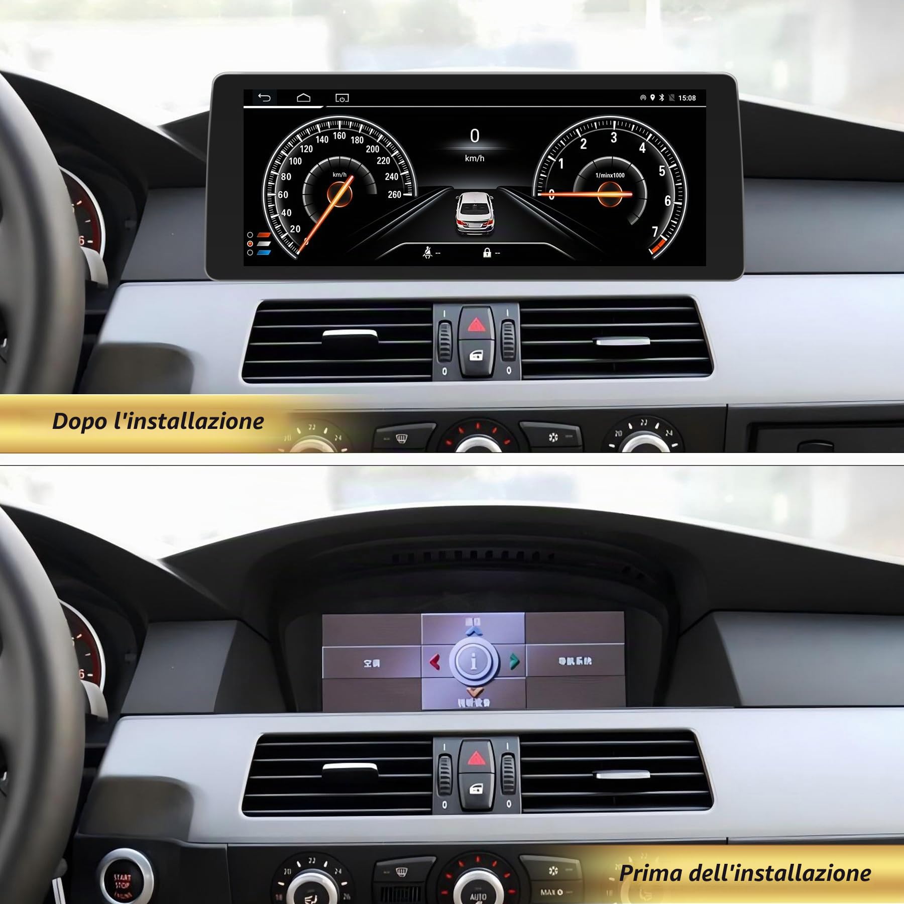 Autoradio Android 14 touchscreen da 12,3 pollici per BMW Serie 5 E60/E61 (2003-2008) con sistema CCC - Wireless CarPlay/Android Auto, schermo HD, navigazione GPS, Mirror Link, 4G + 64G