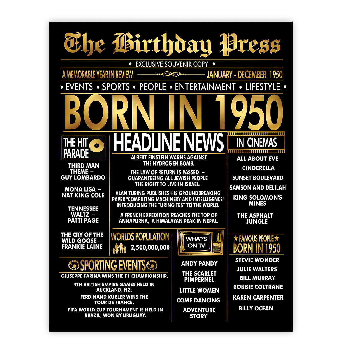 Stuff4 Gold 76th Birthday Poster Unframed, Golden Born In 1950 Newspaper
