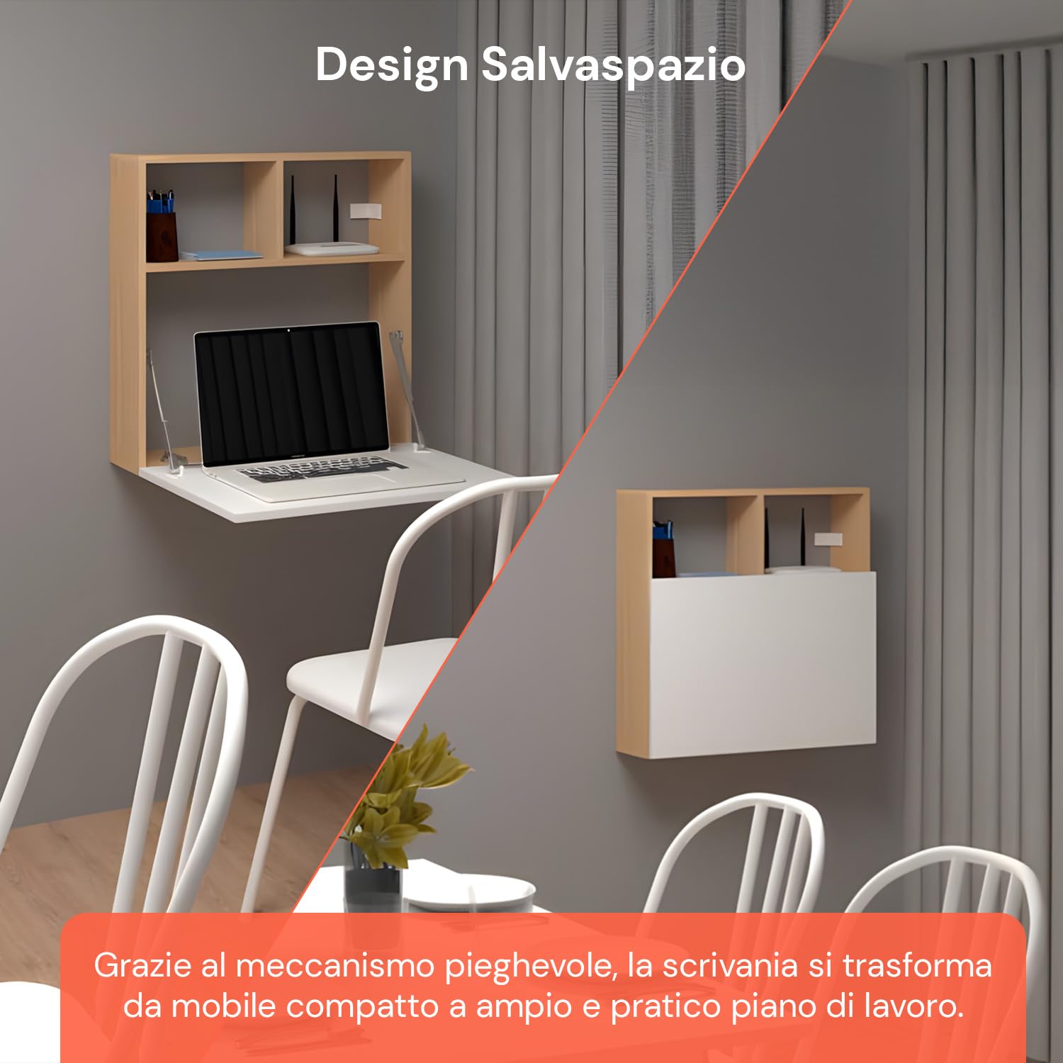Wintem - Scrivania a Muro Richiudibile con Ripiani Portaoggetti, Design Salvaspazio per Casa e Ufficio, Facile da Ripiegare, Ideale come Scrittoio da Parete Moderno e Funzionale