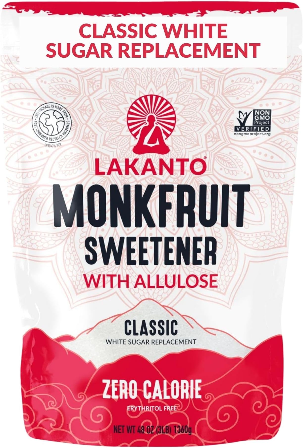Lakanto Classic Monk Fruit Sweetener With Allulose, White Sugar Substitute From Monk Fruit Extract for Baking, Coffee & Tea, Gluten Free, Zero Calorie, Low Carb, Non GMO, Keto, Classic White, 3 LB Bag
