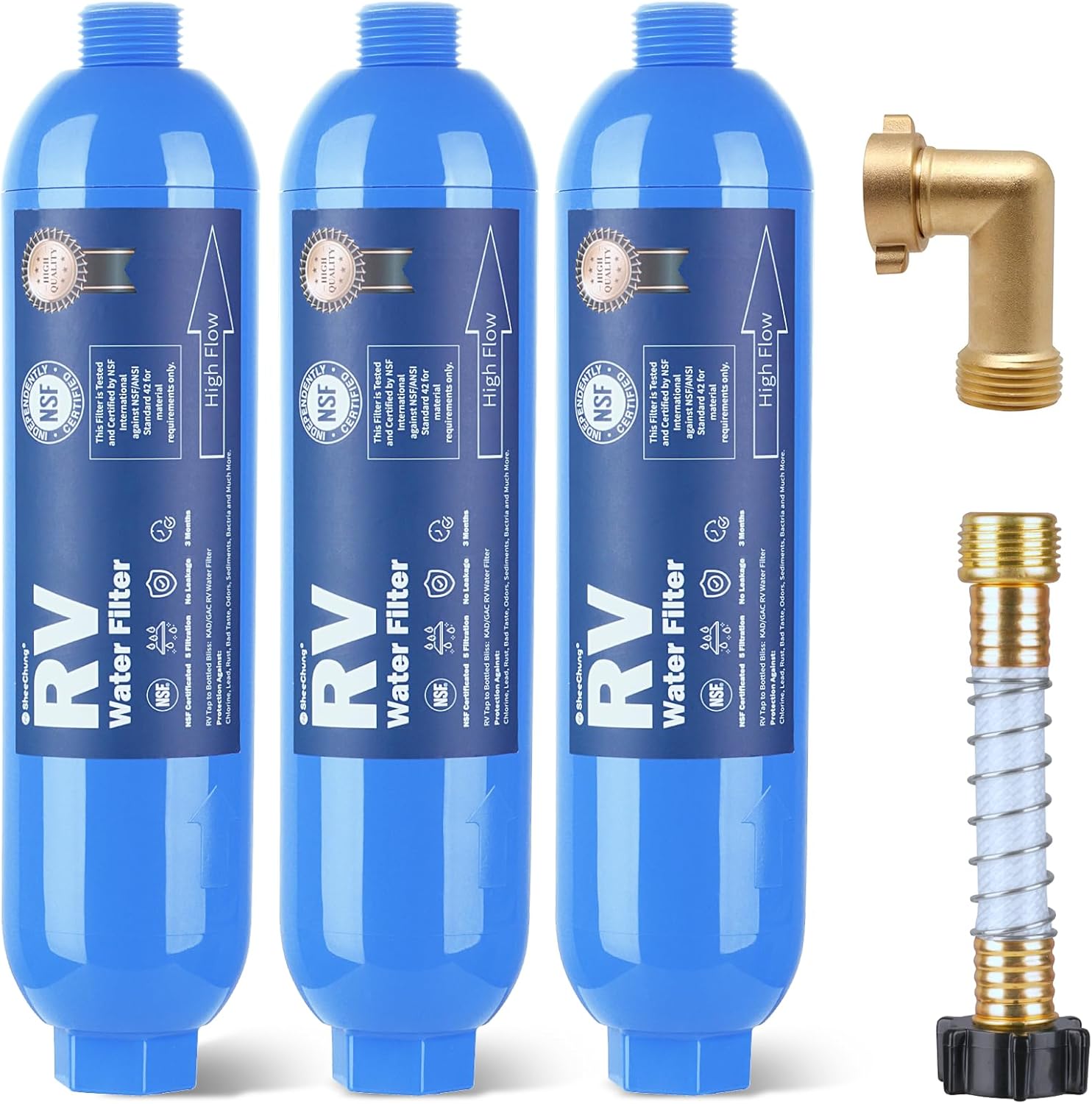 SheeChung RV Water Filter, NSF Certified, 3 PACK Inline Hose Water Filter with Brass 90 Degree Hose Elbow and Flexible Hose Protector, for RV, Boat, Camping – Reduces Odors, Bad Taste, Chlorine, Rust