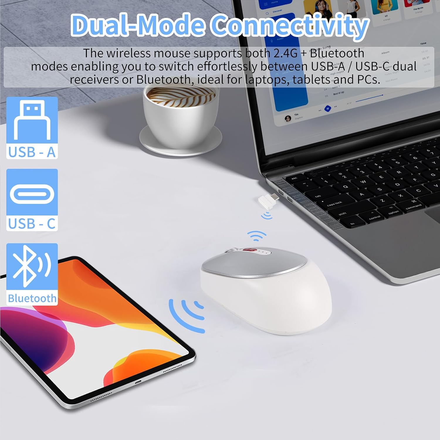 Dual Mode Wireless Bluetooth Mouse - USB-C & USB-A Receiver, Rechargeable Silent Click for Laptop, Tablet, PC - Perfect for Students & Professionals, Travel-Friendly (White)