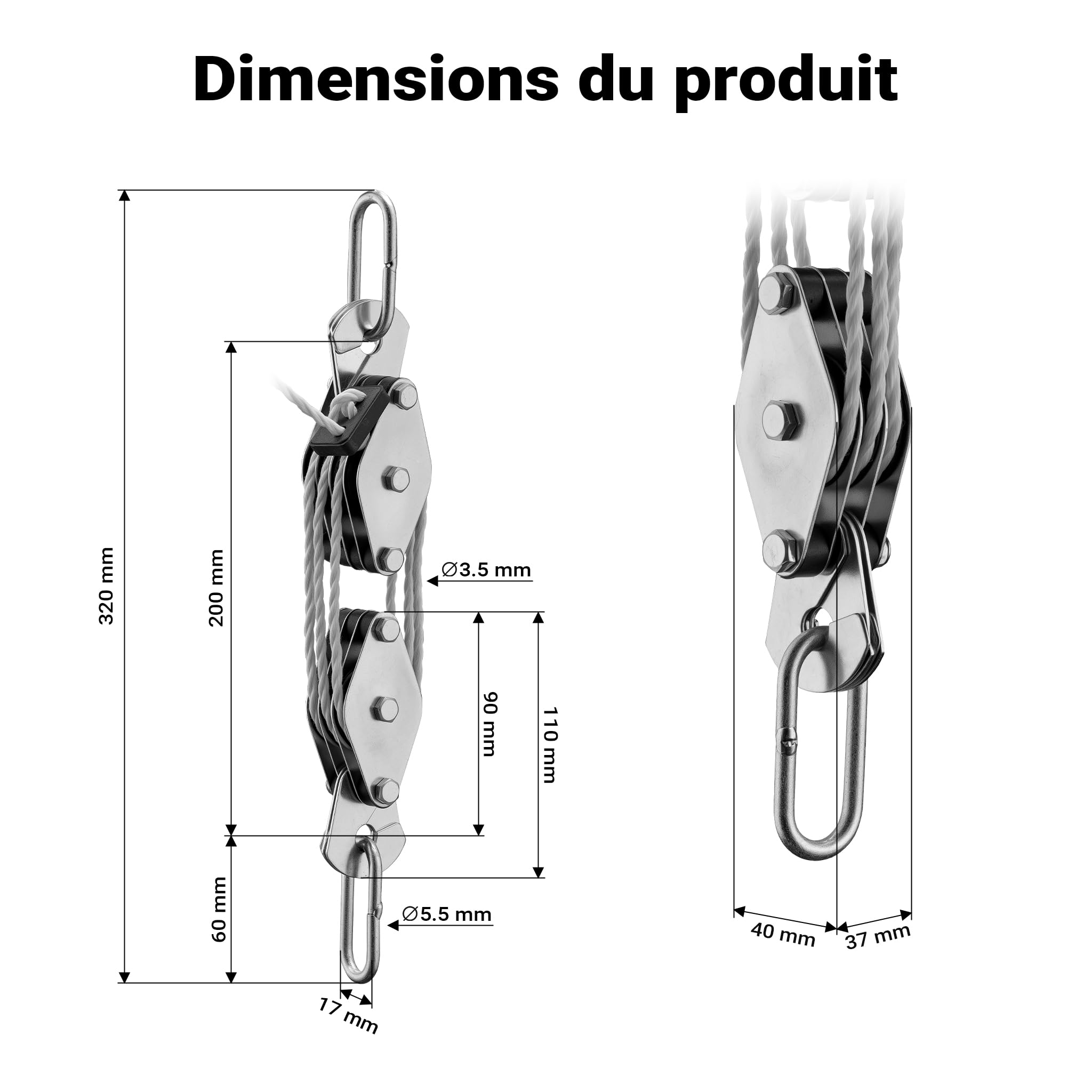 XPOtool Palan manuel - Charge max. 180 kg - avec Câble Bowden universel de 20 m - Hauteur de levage max. 3 m - Treuil avec Poulie de guidage