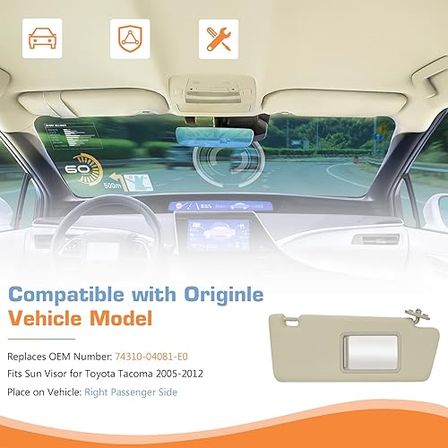 Miniatura 9 de Hurotoms Visera solar del lado del pasajero derecho sin luz para Toyota Tacoma 2005 2006 2007 2008 2009 2010 2011 2012, repuesto 74310-04081-E0,