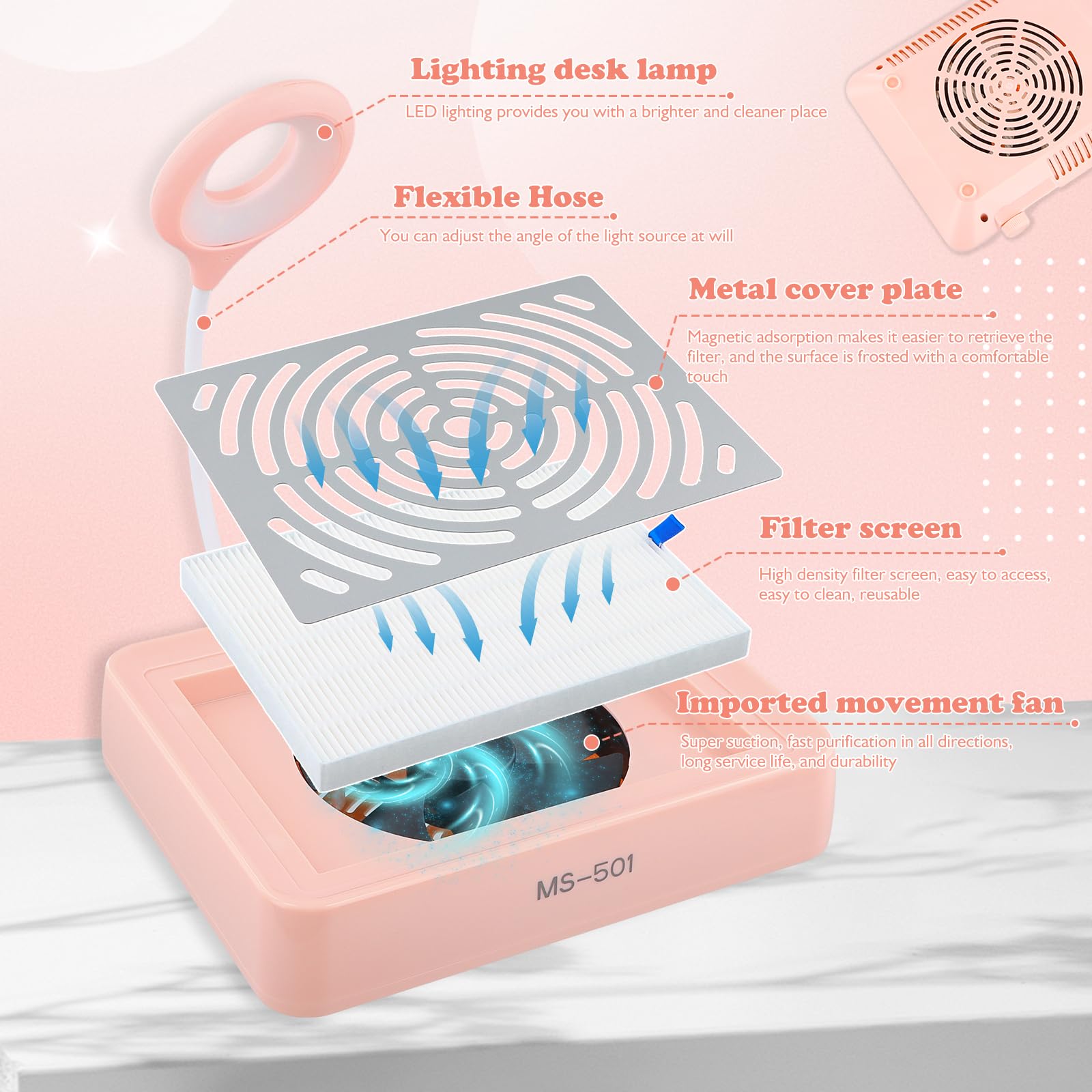 Aspirateur Ongle, Aspirateur Manucure avec Lumière USB, Collecteur de Poussière à Ongles, Professionnelle Onglerie Aspirateur à Faible Bruit pour Salon de Manucure à Domicile