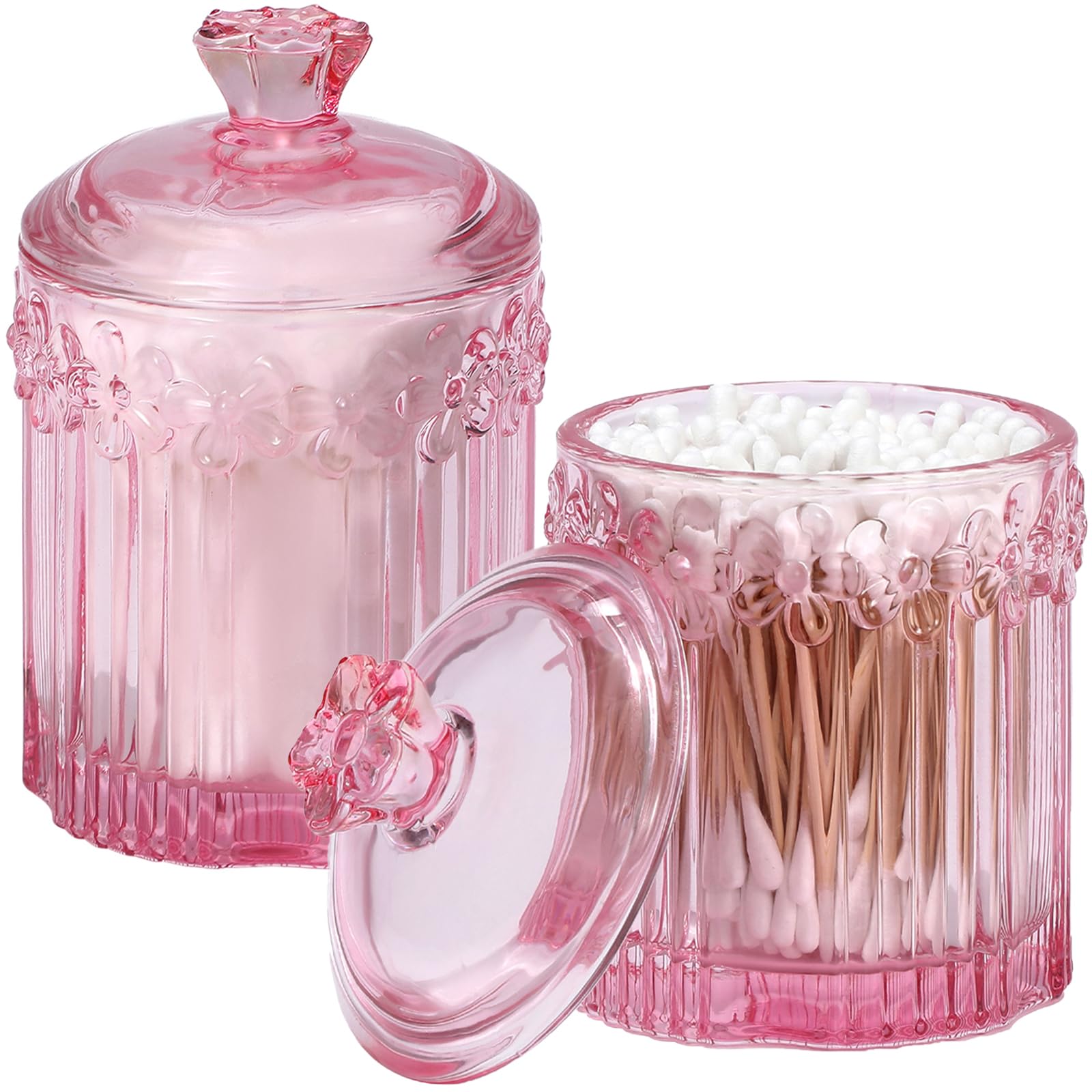 KUSVADO Lot De 2 Bocaux De Rangement D'apothicaire Pour Salle De Bain, Comptoir, Pots En Verre, Support Pour Cotons-tiges, Boîte De Rangement Avec étiquettes étanches (255,1 G, Ambre