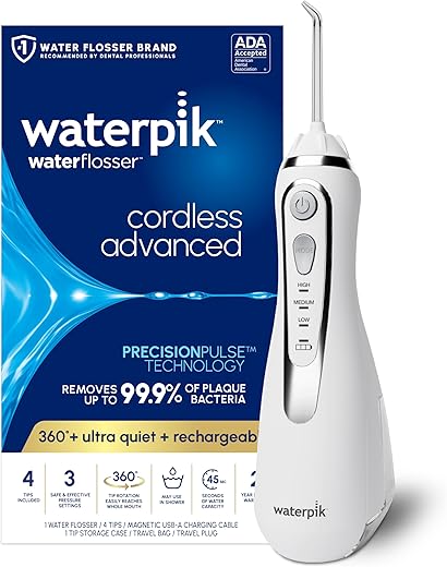 Waterpik Cordless Advanced 2.0 Water Flosser For Teeth, Gums, Braces, Dental Care With Travel Bag and 4 Tips, ADA Accepted, Rechargeable, Portable, and Waterproof, White WP-580, Packaging May Vary