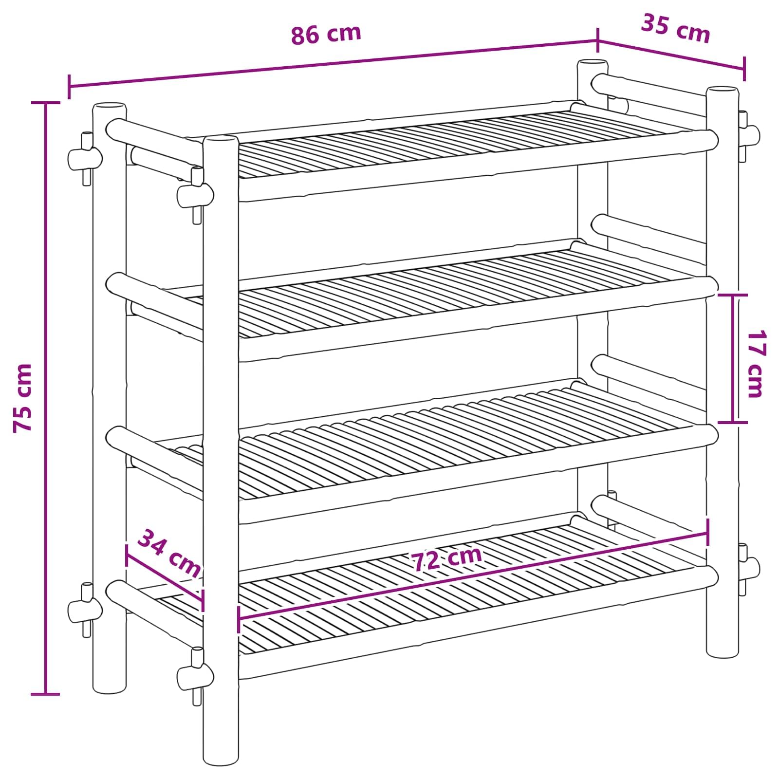 Schuhregal aus Bambus Natur 4-stöckig mit 4 Regalbrettern 86x35x75 cm platzsparend stabil für Innenbereich Schuhablage Schuhständer Schuhschrank