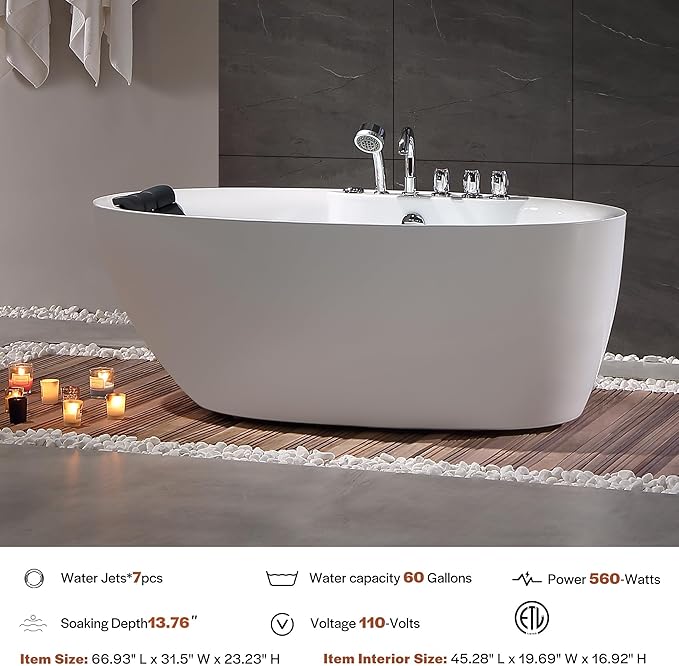 Empava 67 Inch Freestanding Whirlpool Tub -Hydromassage Gracefully Oval Shaped Stand Alone Jetted Bathtub with 7 Hydromassage Nozzles, Boat Shape, Hydromassage, Acrylic,ETL Certified