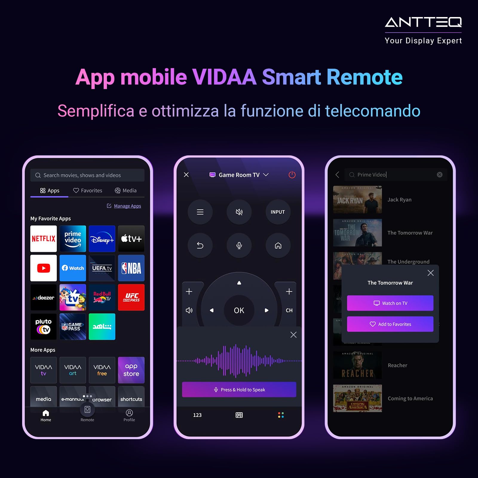 Antteq VIDAA 32 Pollici Smart TV HD (Televisore 81cm), Senza Cornice, DAZN/YouTube/Netflix/Prime video,Triple Tuner DVB-C/S/S2/T/T2, WiFi, HDMI, HEVC 10, Dolby Audio